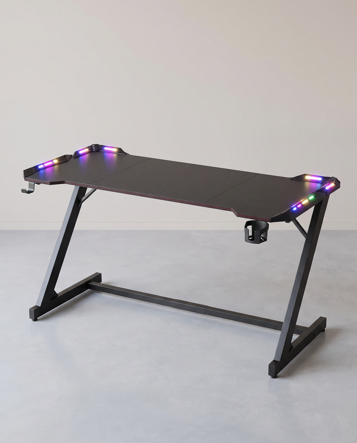 Gaming-Tisch mit RGB-LED-Beleuchtung – Z-förmiger Stahlrahmen – Tischplatte in Carbon-Optik – Getränkehalter & Kopfhörerhaken