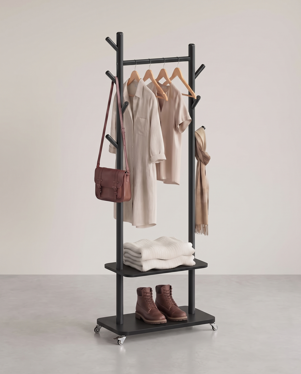 Garderobenständer aus Massivholz auf Rollen – 7 Haken, Kleiderstange & 2 Ablagen – 178 cm