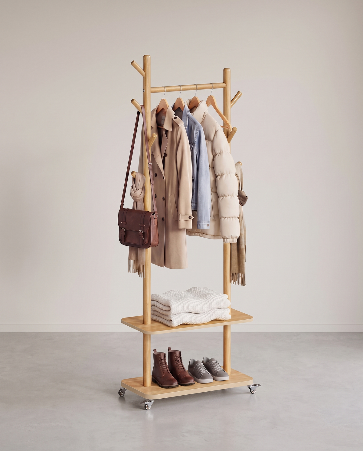 Garderobenständer aus Massivholz auf Rollen – 7 Haken, Kleiderstange & 2 Ablagen – 178 cm