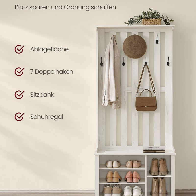 Kapstok met Schoenenrek en Bankje - 7 Dubbele haken en verstelbare planken - De Vries Meubels
