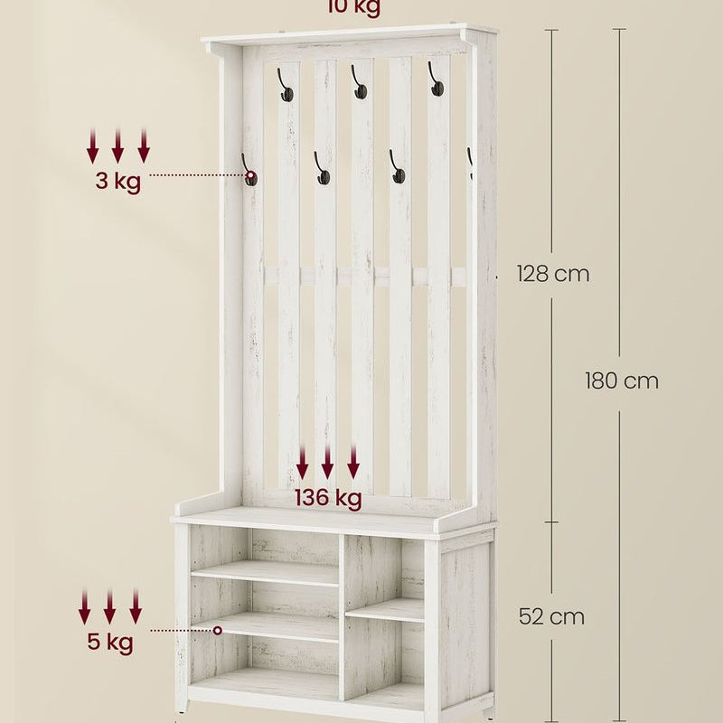 Kapstok met Schoenenrek en Bankje - 7 Dubbele haken en verstelbare planken - De Vries Meubels