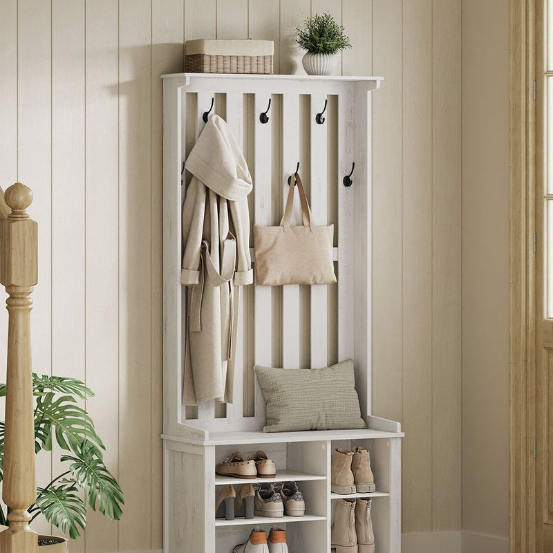 Kapstok met Schoenenrek en Bankje - 7 Dubbele haken en verstelbare planken - De Vries Meubels