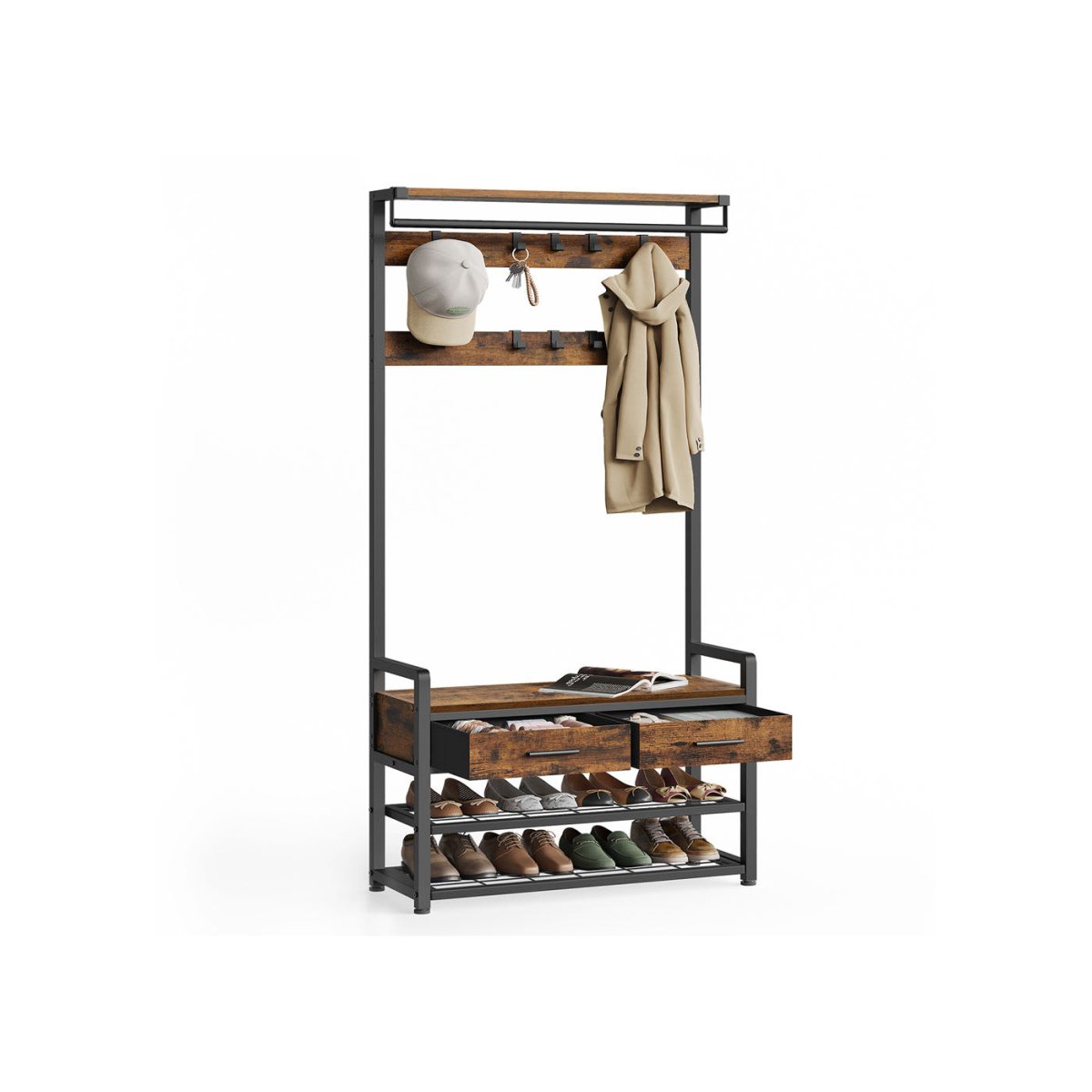 Kapstok met Schoenenrek, Lades en Kledingroede – 6 - in - 1 Halmeubel - De Vries Meubels