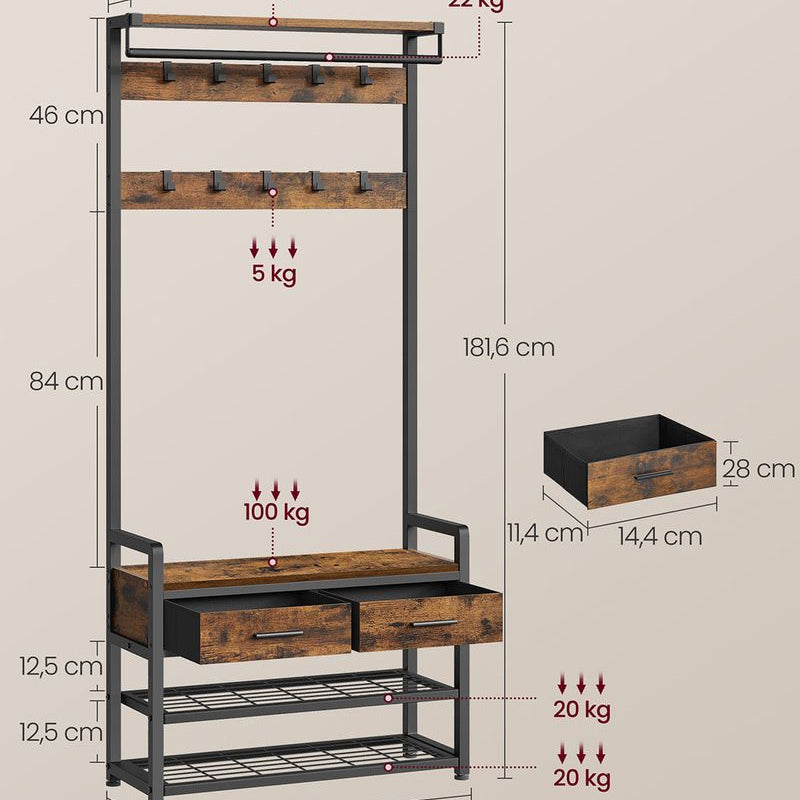 Kapstok met Schoenenrek, Lades en Kledingroede – 6 - in - 1 Halmeubel - De Vries Meubels