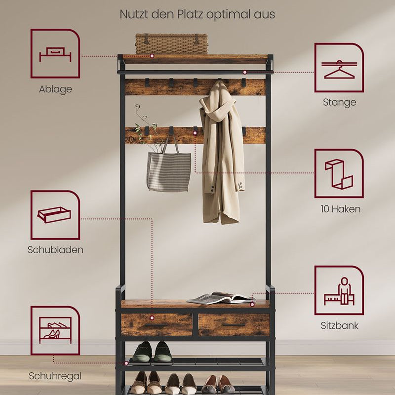 Kapstok met Schoenenrek, Lades en Kledingroede – 6 - in - 1 Halmeubel - De Vries Meubels