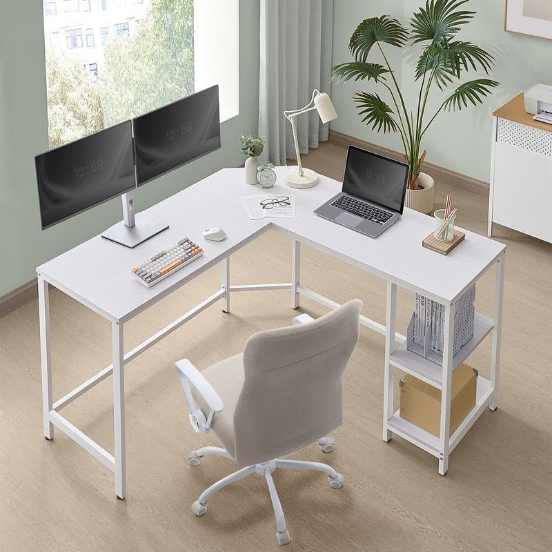 L - vormig Computerbureau met Verwijderbare Opbergplank – Ruimtebesparend Hoekbureau - De Vries Meubels