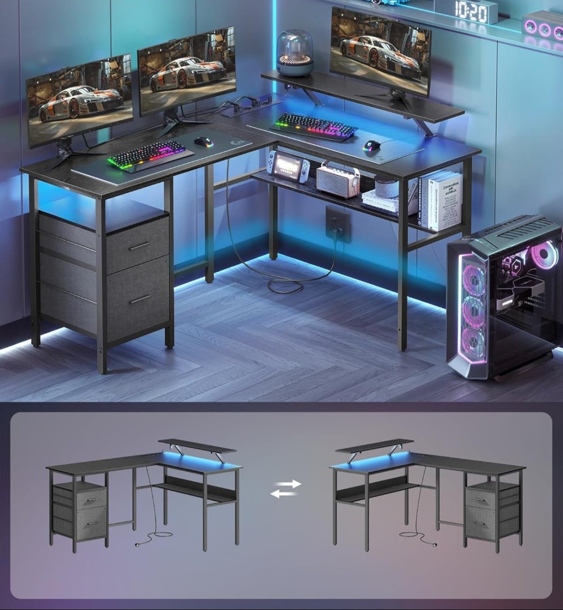 L - vormig Hoekbureau met LED - Verlichting & Stopcontacten - USB - Poorten - Gamebureau - De Vries Meubels