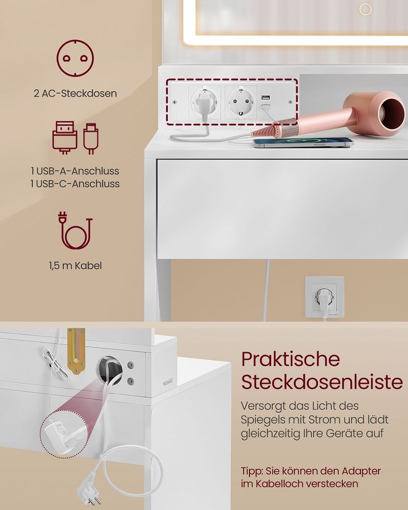 Moderne Kaptafel met Verlichting en Stopcontacten - USB - aansluiting - De Vries Meubels