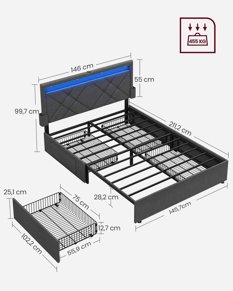 Multifunctioneel bedframe met LED - verlichting en opbergruimte - USB - aansluiting - De Vries Meubels