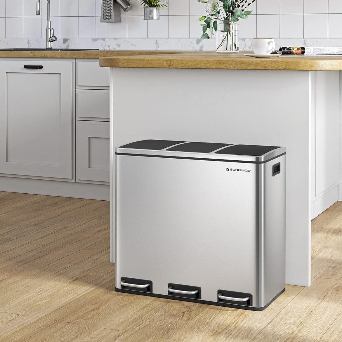 Prullenbak 54L - 3 Vaks Vuilnisbak - Pedaalemmer - Afvalbak 3 x 18L - De Vries Meubels