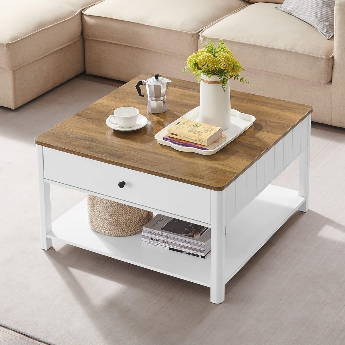 Salontafel met Lade - Bruin tafelblad - Wit onderstel - Koffietafel - 80 x 80 cm - De Vries Meubels