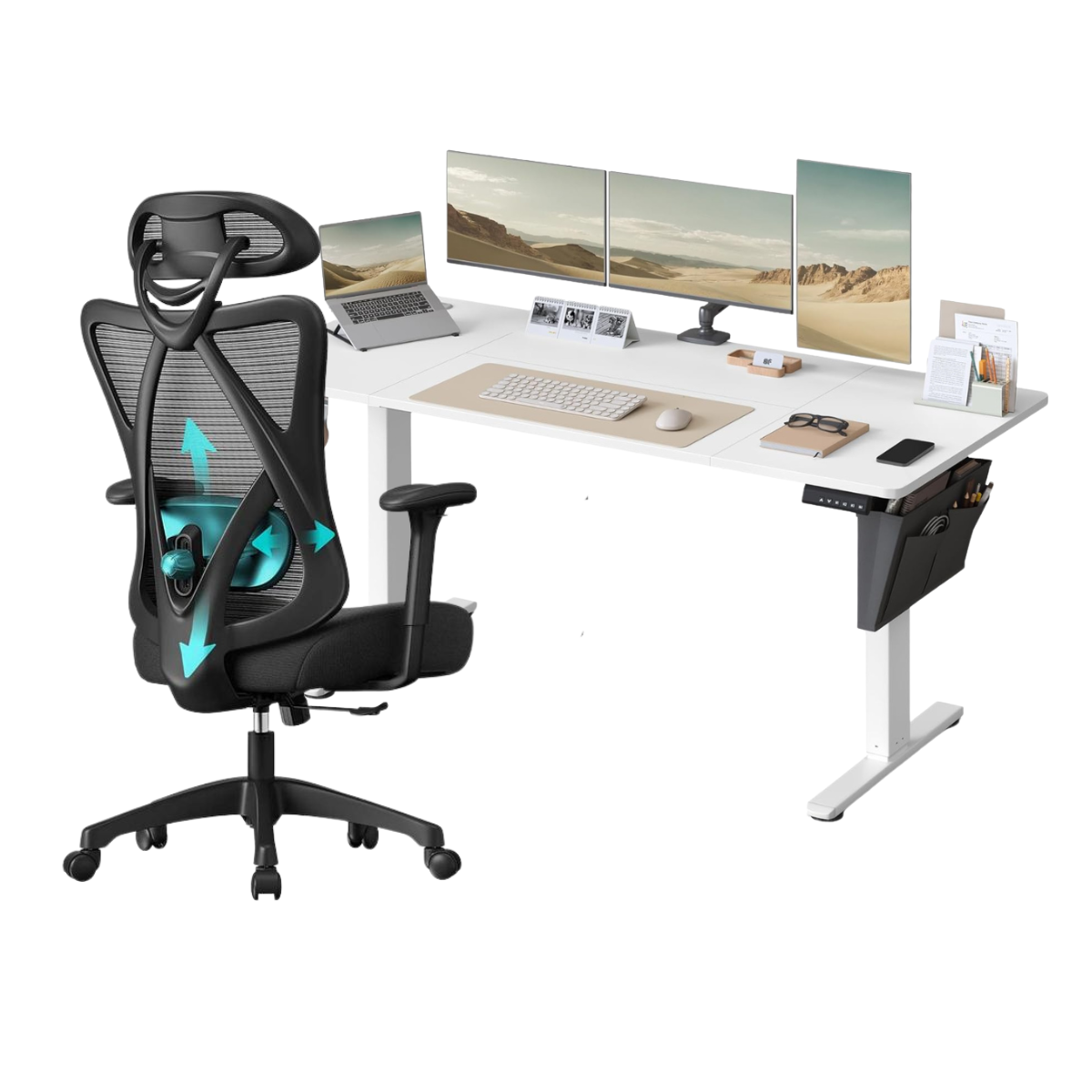 Combi+ Elektrisch höhenverstellbarer Schreibtisch + ergonomischer Bürostuhl – Komplettes Arbeitsplatz-Set – 120 x 60 bis 180 x 80 cm – USB-C-Schnellladegerät