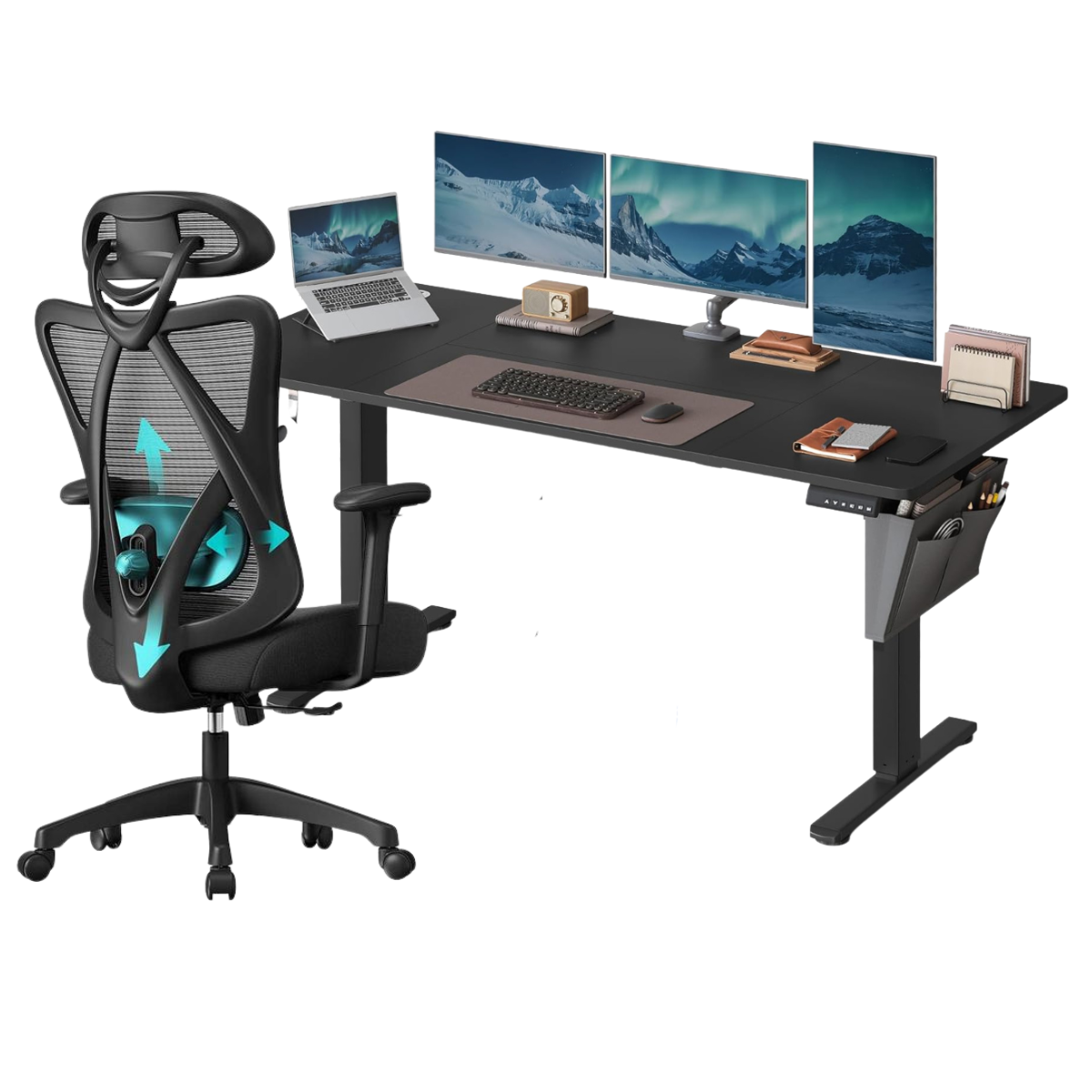 Combi+ Elektrisch höhenverstellbarer Schreibtisch + ergonomischer Bürostuhl – Komplettes Arbeitsplatz-Set – 120 x 60 bis 180 x 80 cm – USB-C-Schnellladegerät