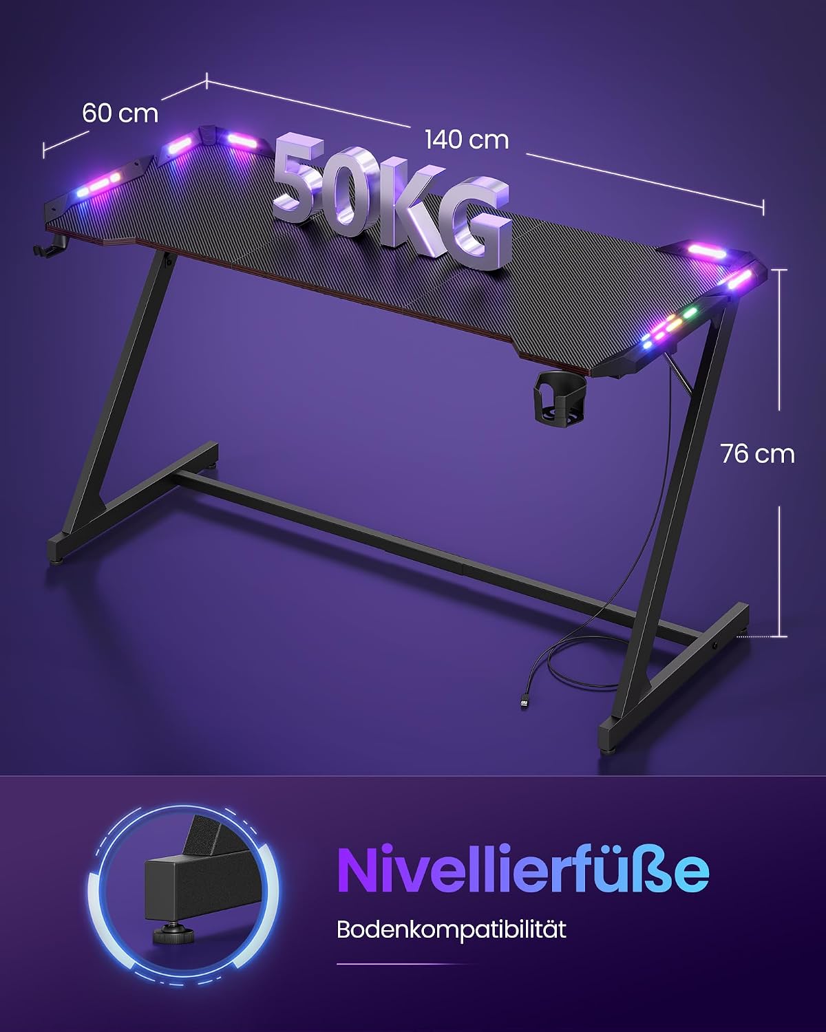 Gaming-Tisch mit RGB-LED-Beleuchtung – Z-förmiger Stahlrahmen – Tischplatte in Carbon-Optik – Getränkehalter & Kopfhörerhaken