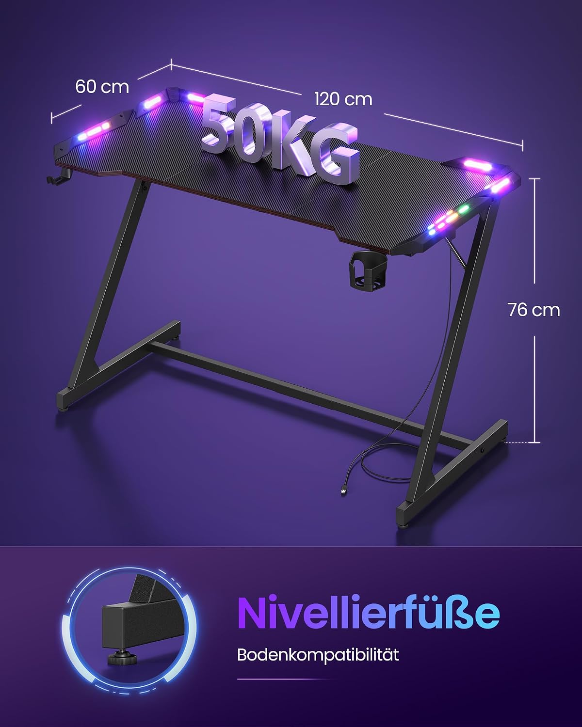 Gaming-Tisch mit RGB-LED-Beleuchtung – Z-förmiger Stahlrahmen – Tischplatte in Carbon-Optik – Getränkehalter & Kopfhörerhaken