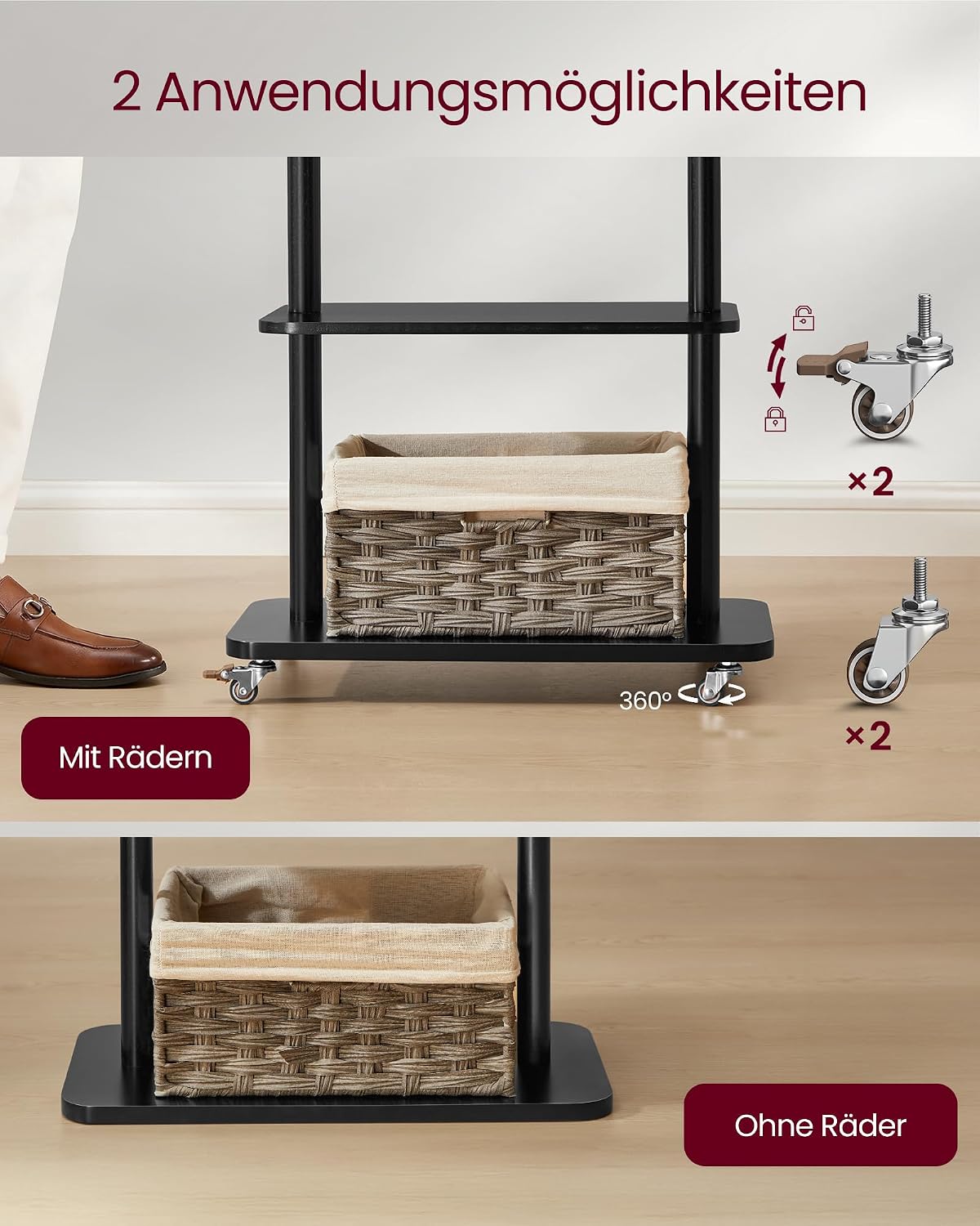 Garderobenständer aus Massivholz auf Rollen – 7 Haken, Kleiderstange & 2 Ablagen – 178 cm