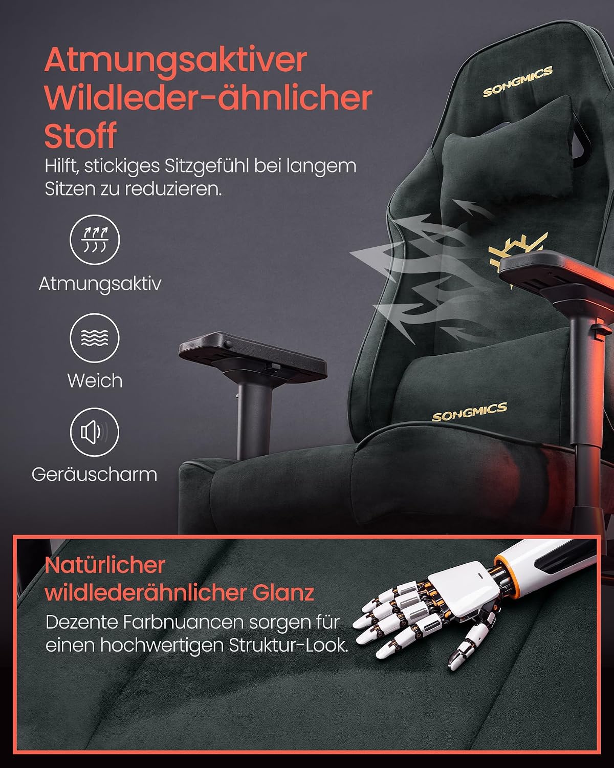 Gaming-Stuhl mit Taschenfederkern und Fußstütze – Kunstwildleder mit 4D-Armlehnen – bis 180 kg
