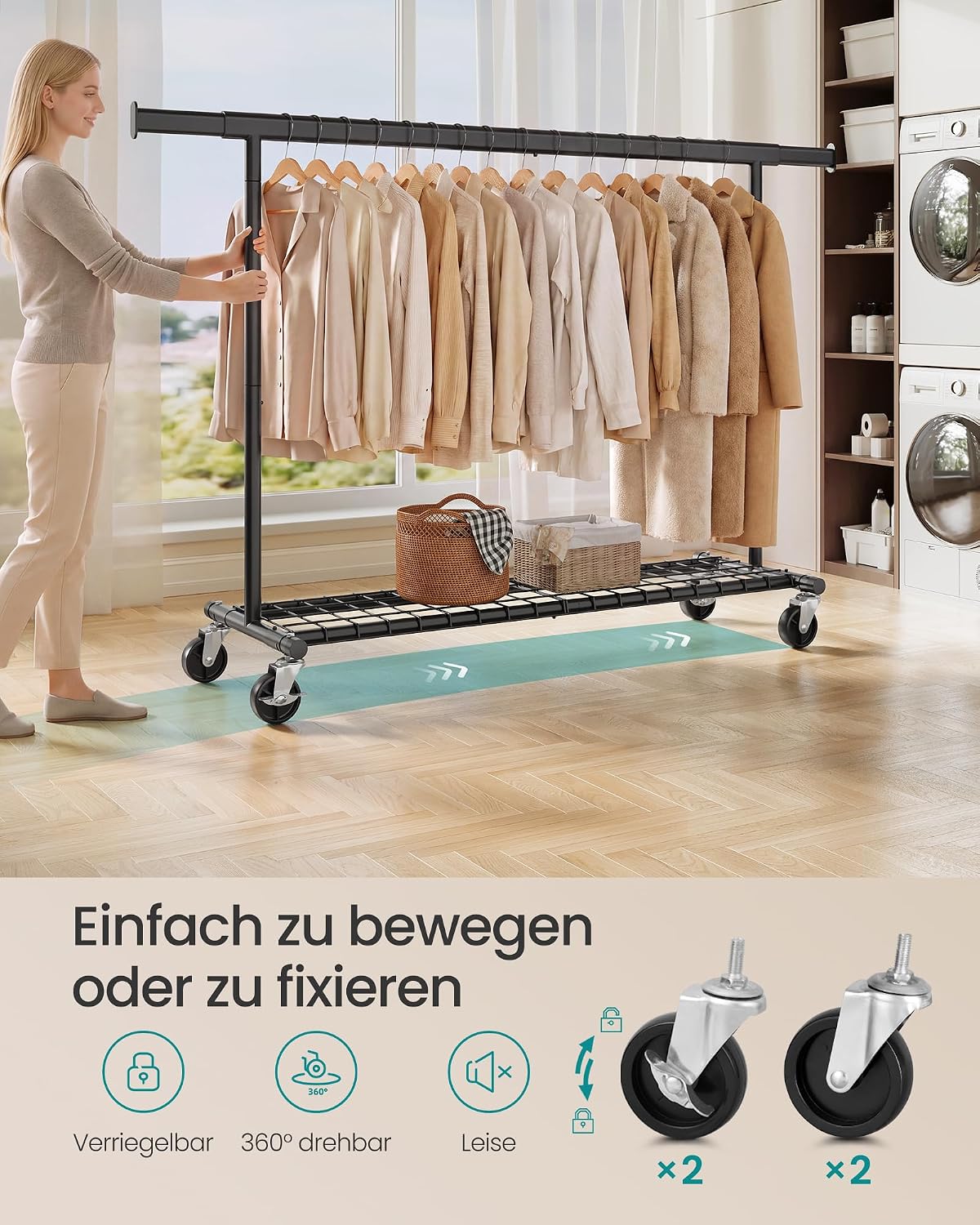 Kleiderständer auf Rollen – ausziehbar – bis 180 kg – mit Schuhablage – Stahl