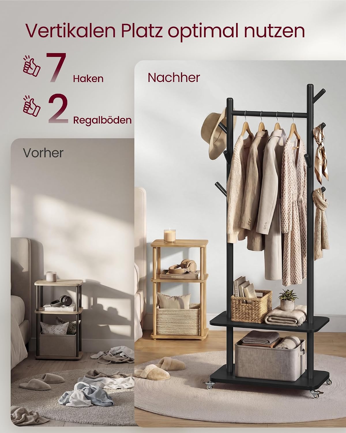 Garderobenständer aus Massivholz auf Rollen – 7 Haken, Kleiderstange & 2 Ablagen – 178 cm