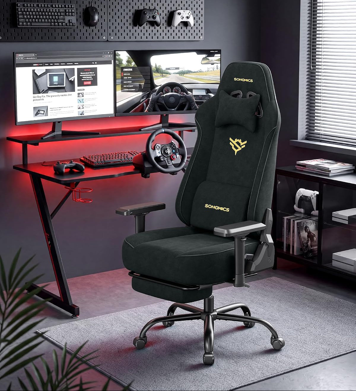 Gaming-Stuhl mit Taschenfederkern und Fußstütze – Kunstwildleder mit 4D-Armlehnen – bis 180 kg