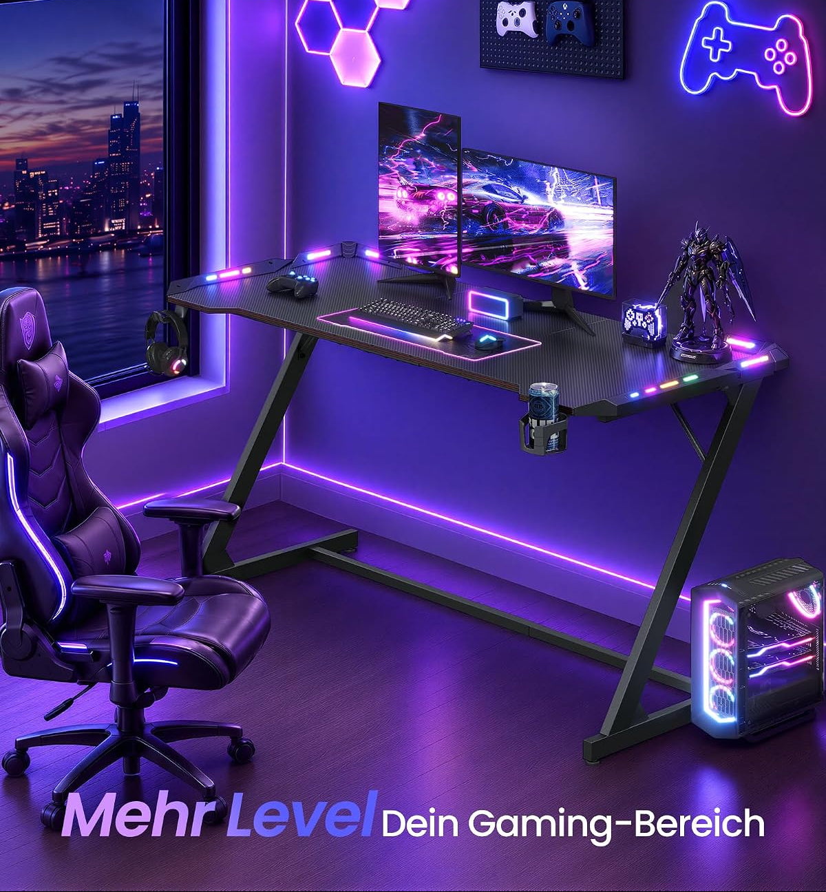 Gaming-Tisch mit RGB-LED-Beleuchtung – Z-förmiger Stahlrahmen – Tischplatte in Carbon-Optik – Getränkehalter & Kopfhörerhaken
