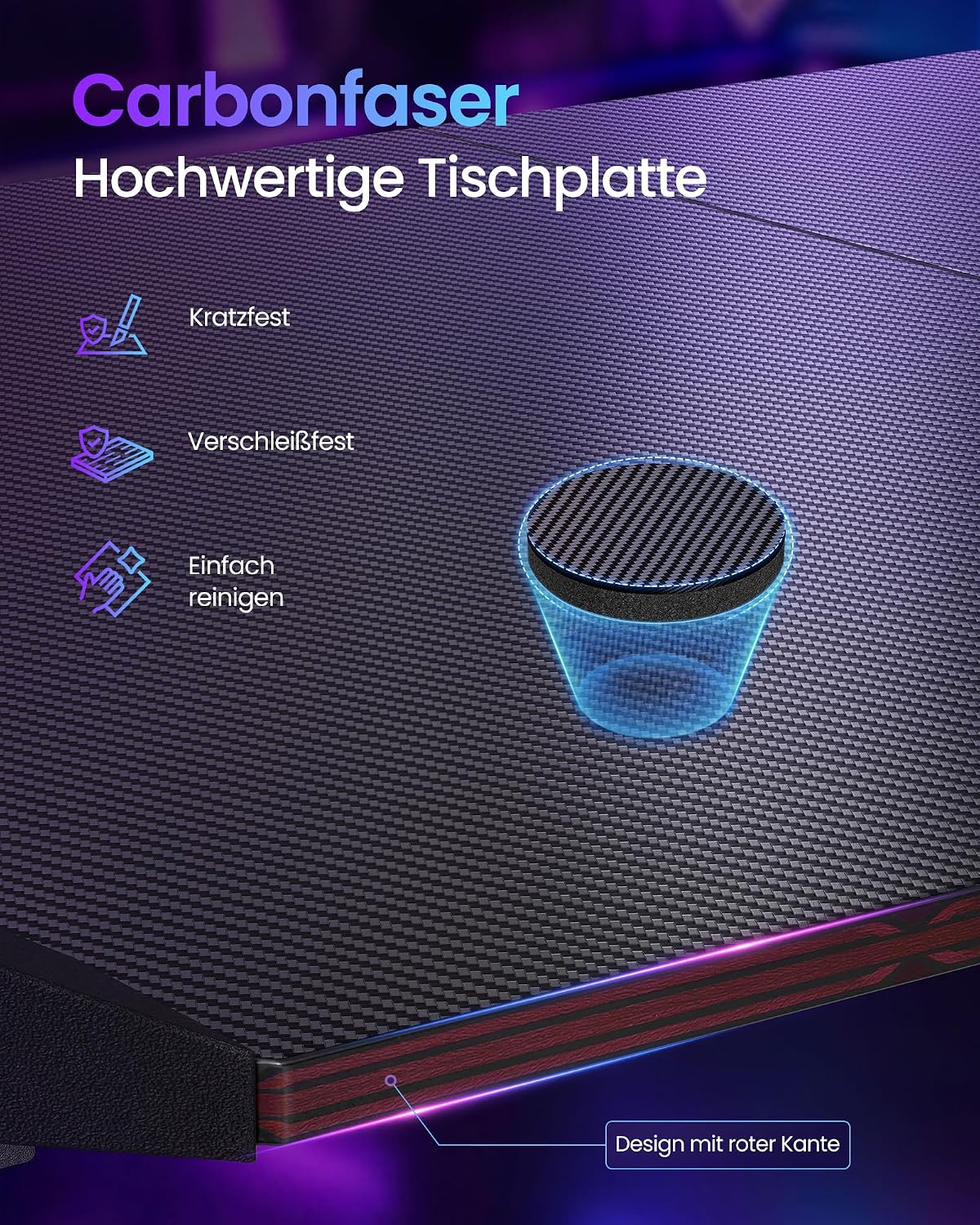 Gaming-Tisch mit RGB-LED-Beleuchtung – Z-förmiger Stahlrahmen – Tischplatte in Carbon-Optik – Getränkehalter & Kopfhörerhaken