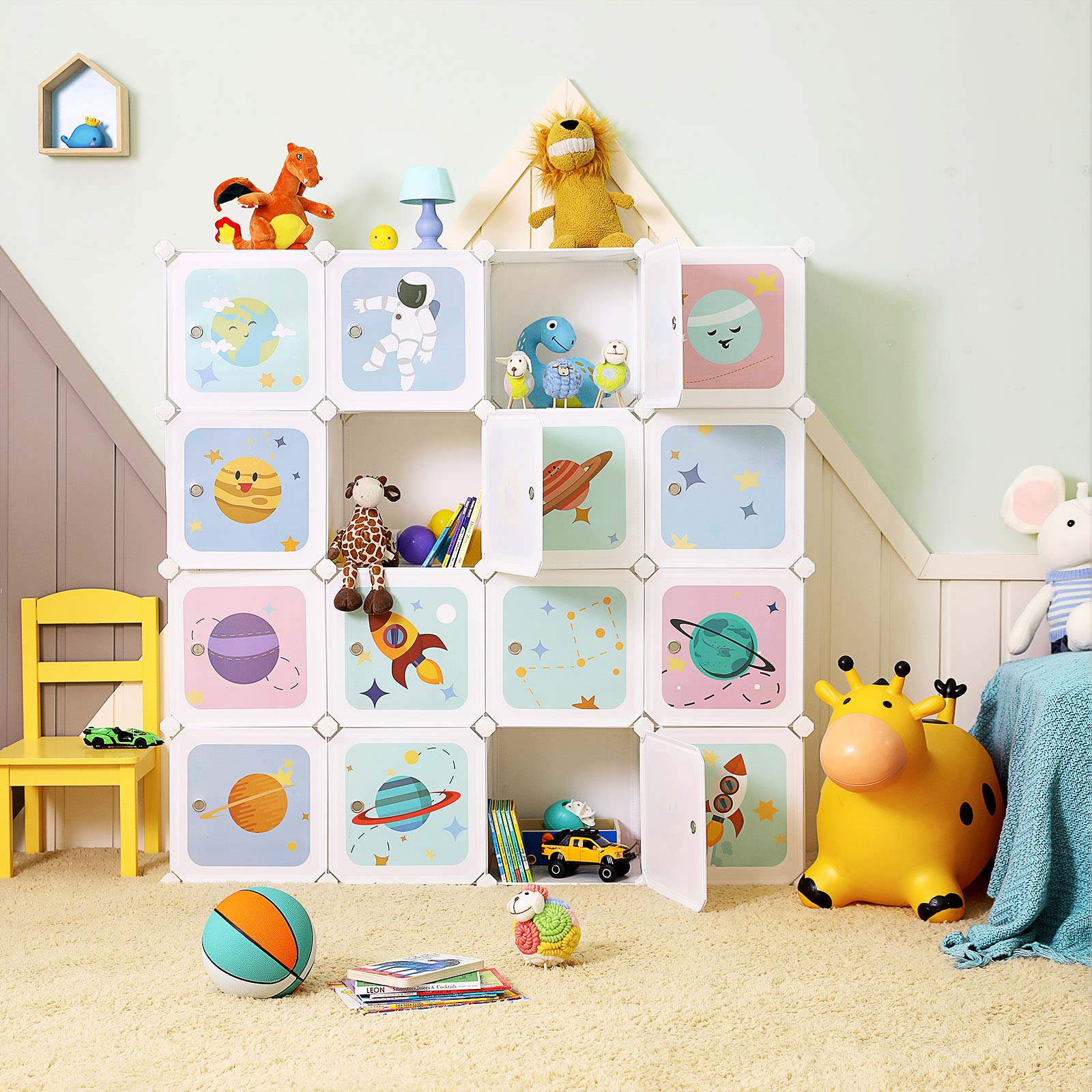 Würfelregal mit Weltraummotiv – Kinderkleiderschrank mit 16 Fächern – inkl. Türen, Hammer- und Kippschutz – 123 x 123 cm