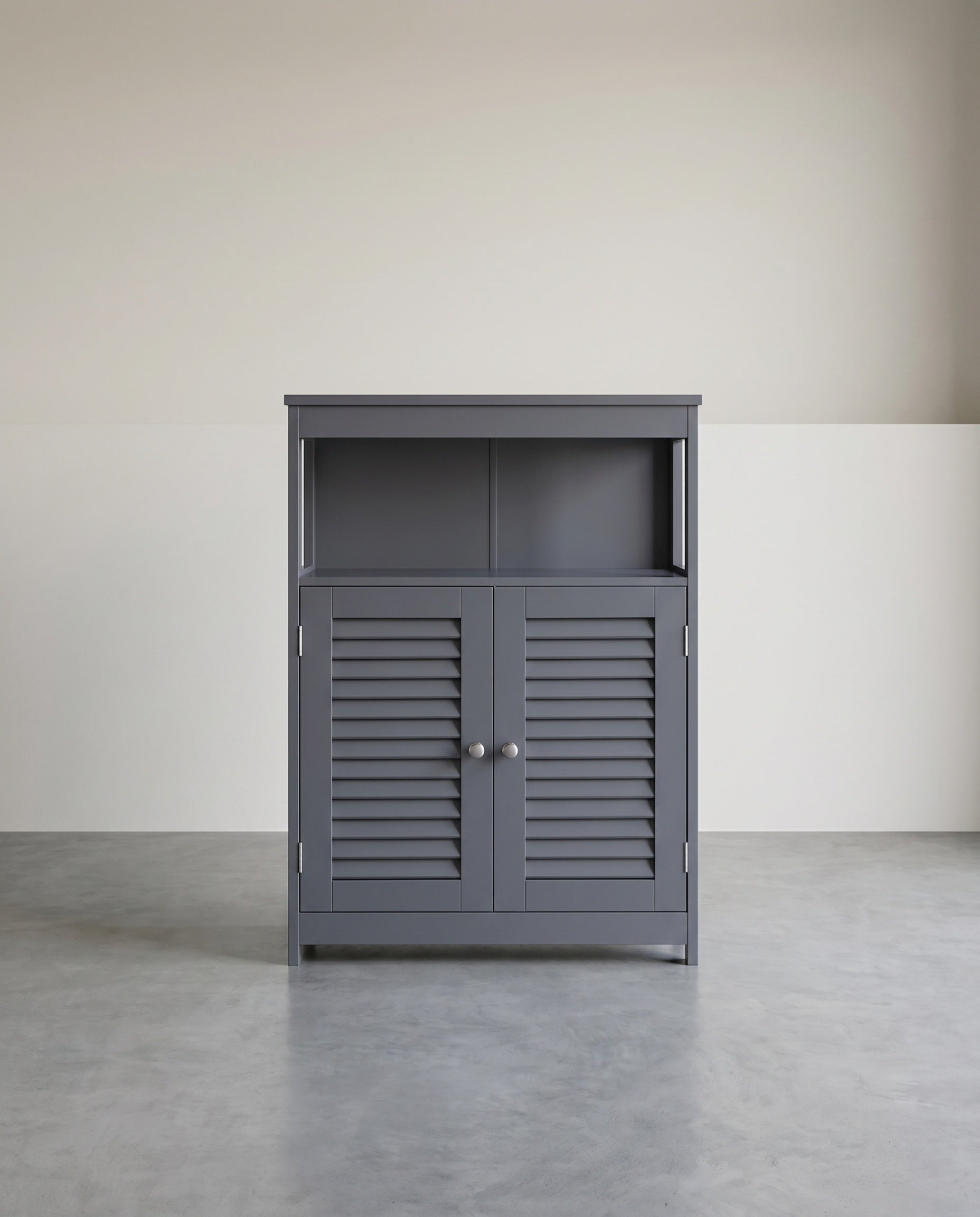 Badezimmerschrank mit Lamellentüren – feuchtigkeitsbeständig und praktisch – Grau