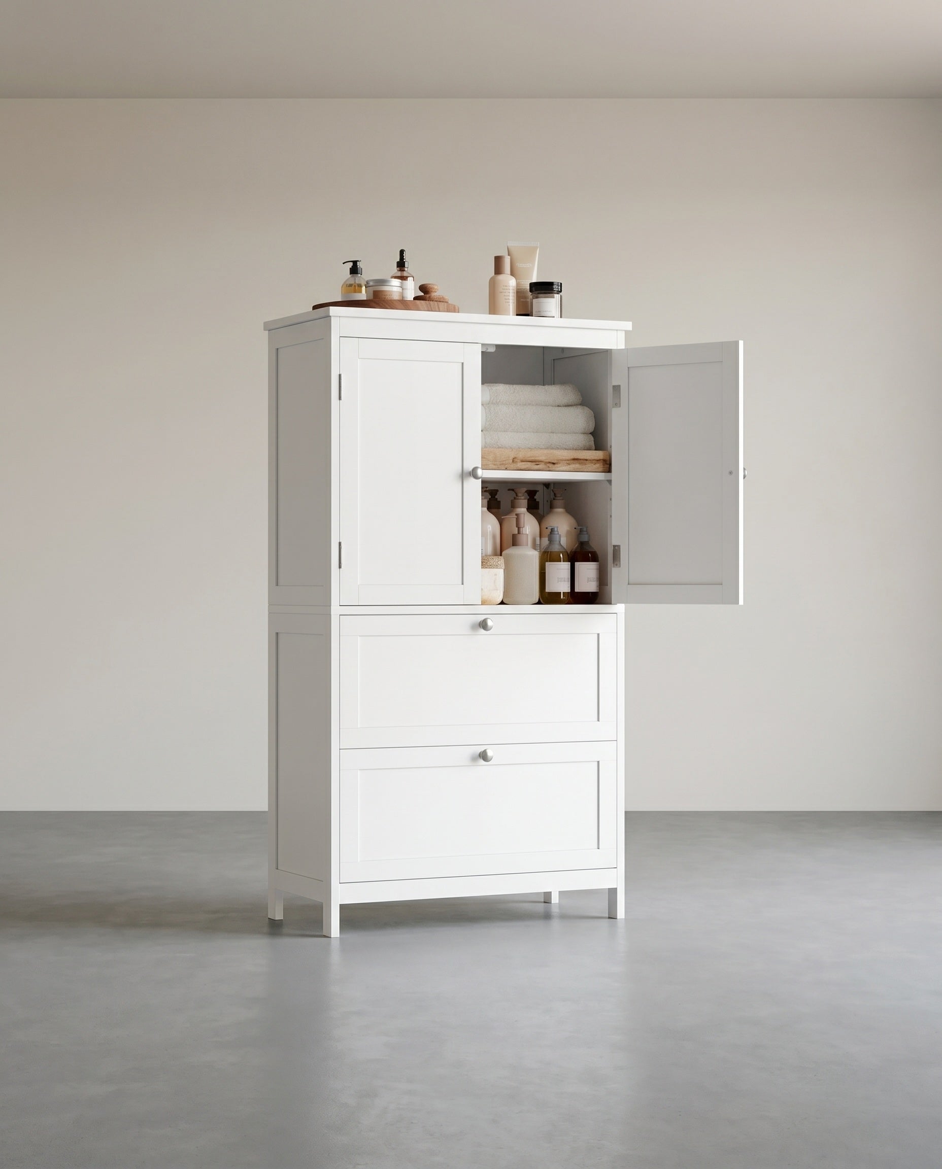 Badezimmerschränke – 30 x 60 x 110 cm – 2 Türen – 2 Schubladen – MDF – Verstellbarer Boden – 18,5 kg – Maximale Belastung 136 kg