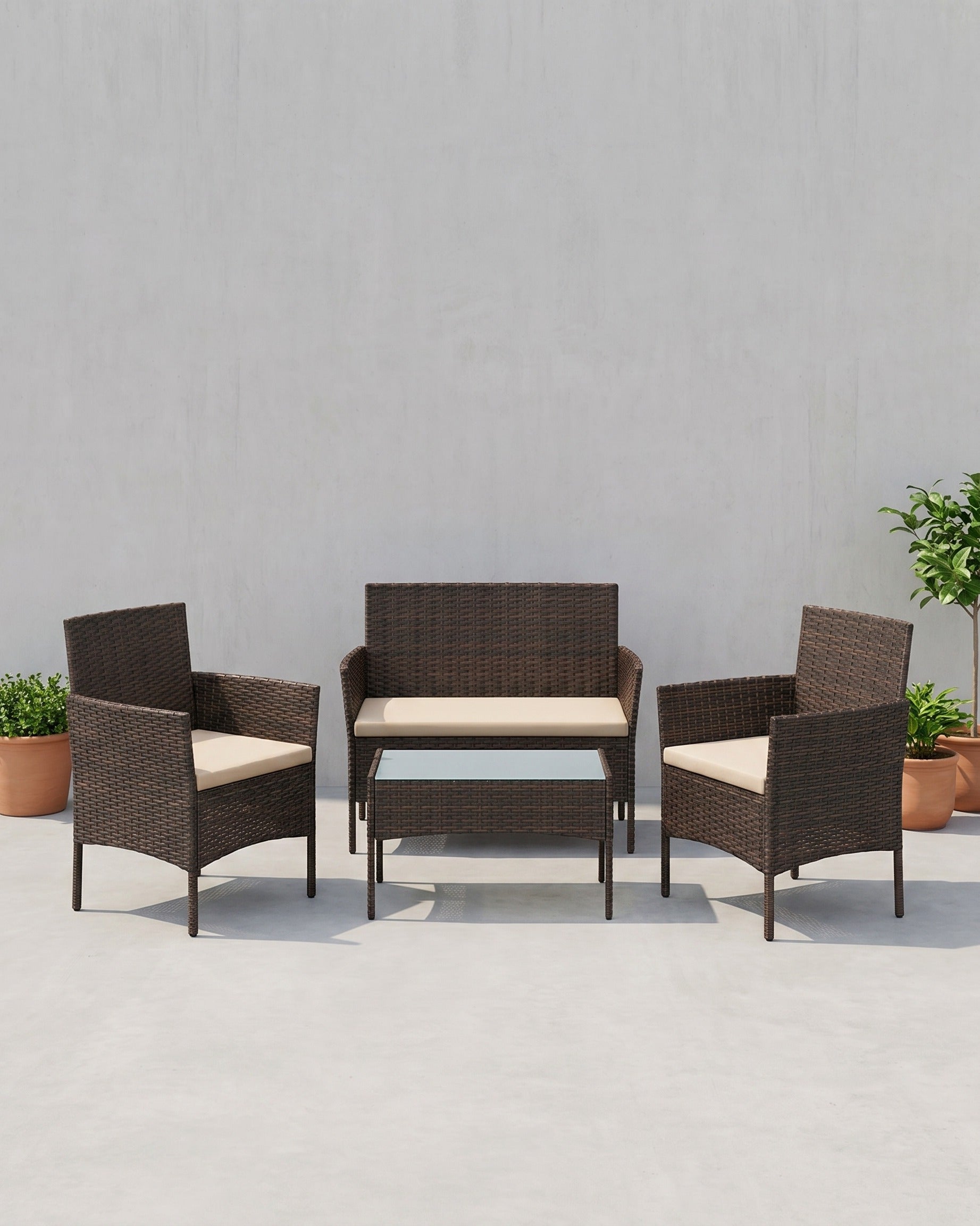 Rattanoptik Gartenset - Balkonset - Gartenstühle mit Tisch – Braun / Taupe