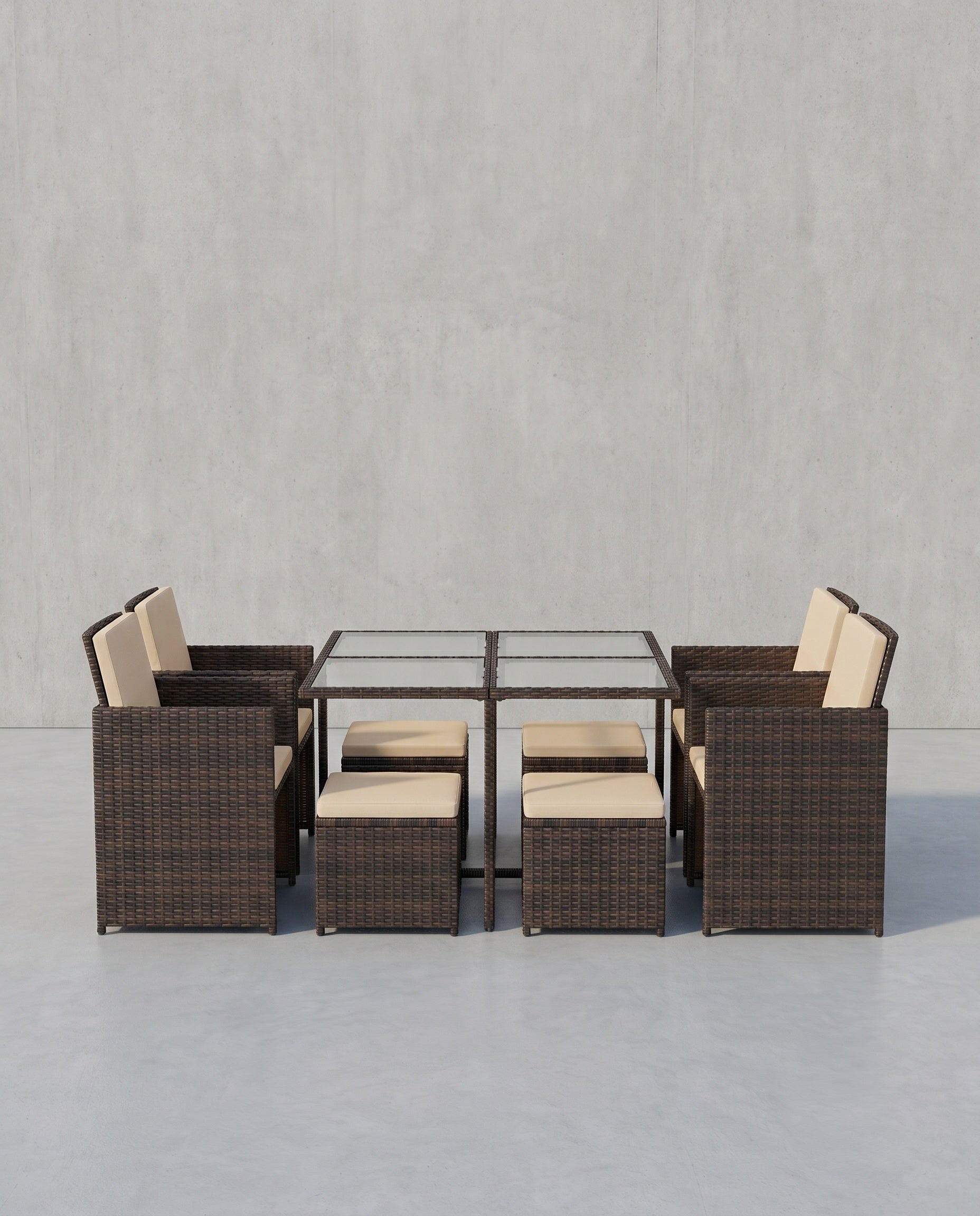 Komplettes Gartenmöbel-Set – Polyrattan-Stühle + Tisch – Terrassenset mit Kissen – Braun + Beige