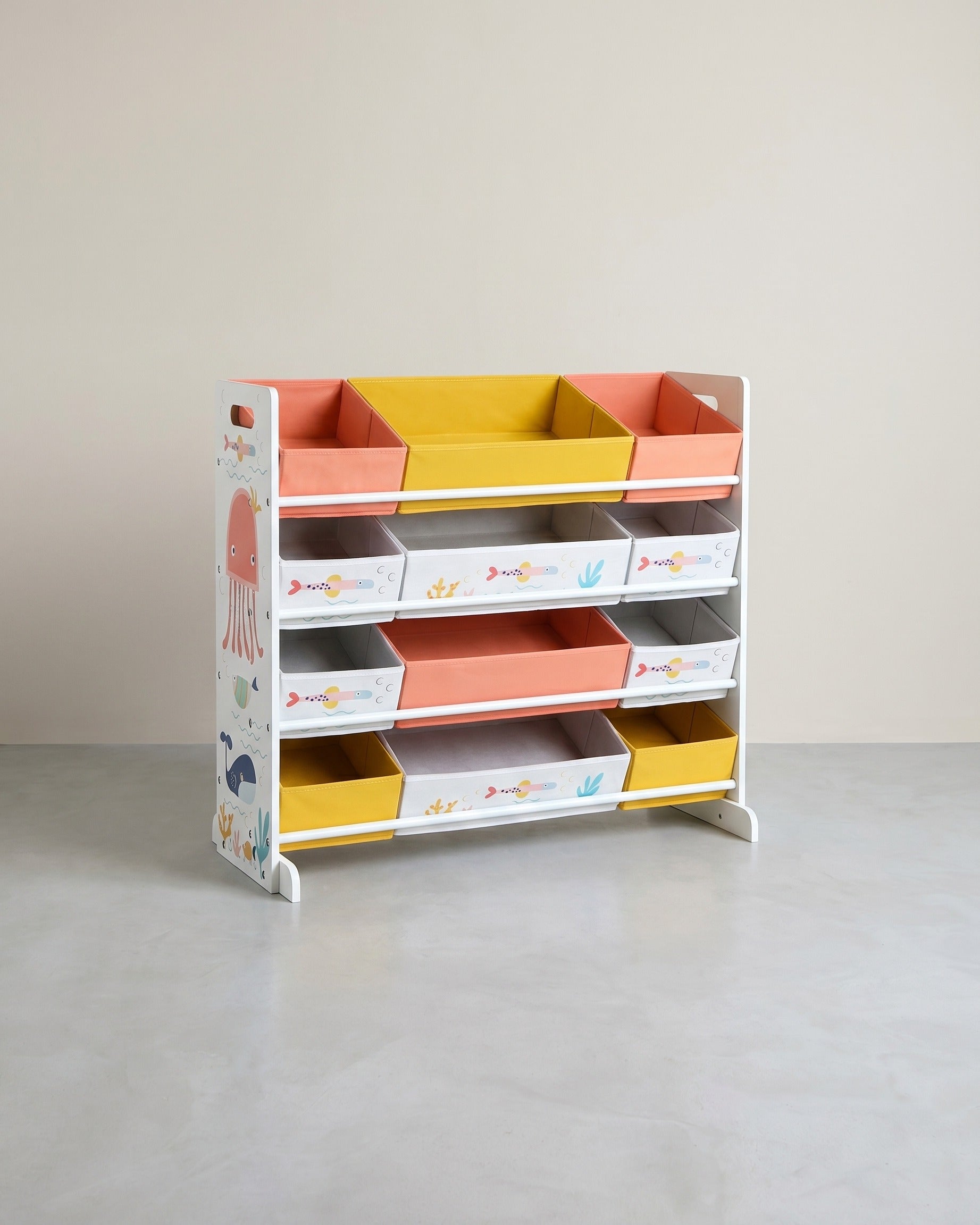 Kinderspielzeugschrank - mit Meerestier-Motiv - inkl. 12 Stoff-Aufbewahrungsfächern - 83 cm breit - mit Kippschutz