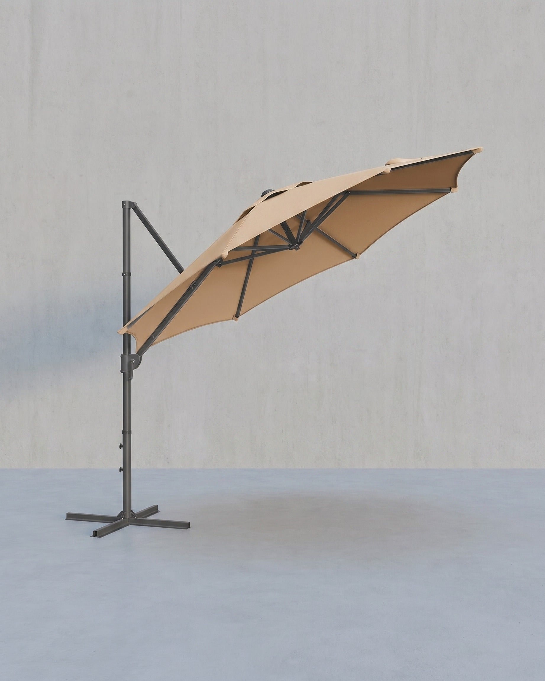 Freiarm-Sonnenschirm 300 cm – 360° drehbar – stufenlos verstellbarer Neigungswinkel – UPF 50+ – mit Kurbel und Kreuzfuß – Taupe