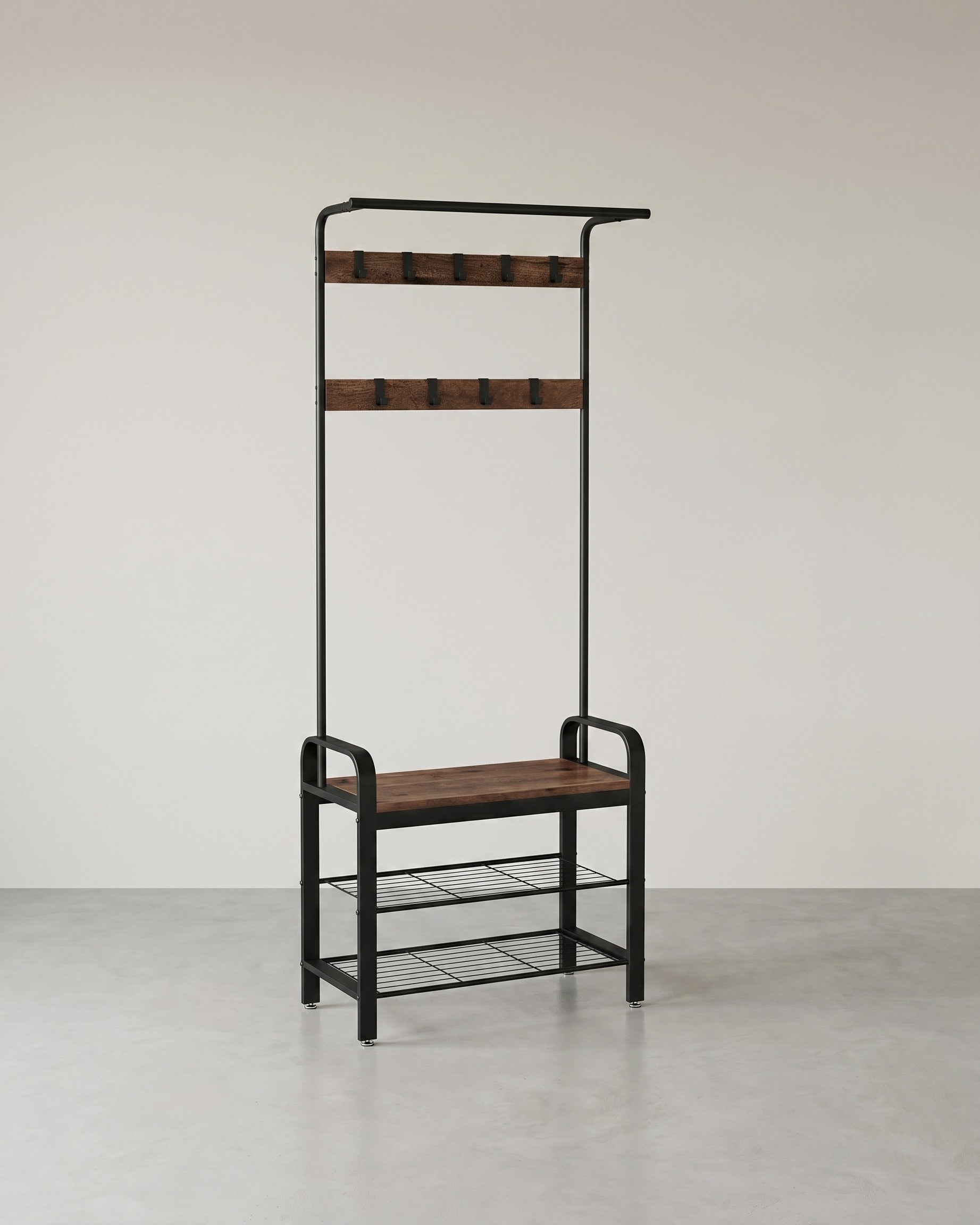 Garderobe mit Schuhregal – Industriedesign – Holz & Metall – Haselnussbraun