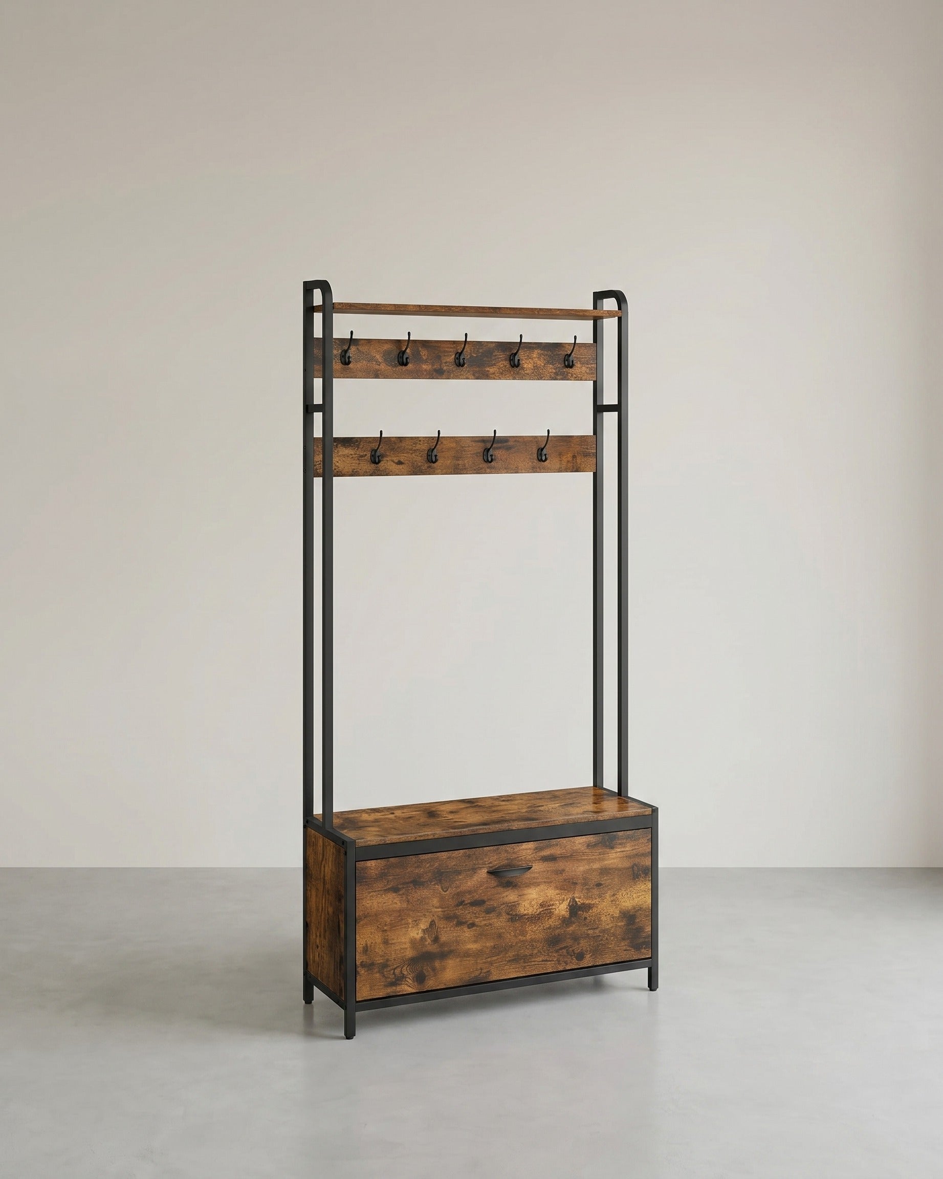 Garderobe mit Bank und Schuhschrank - Industriedesign - 4-in-1 Flurmöbel 85 cm – Braun
