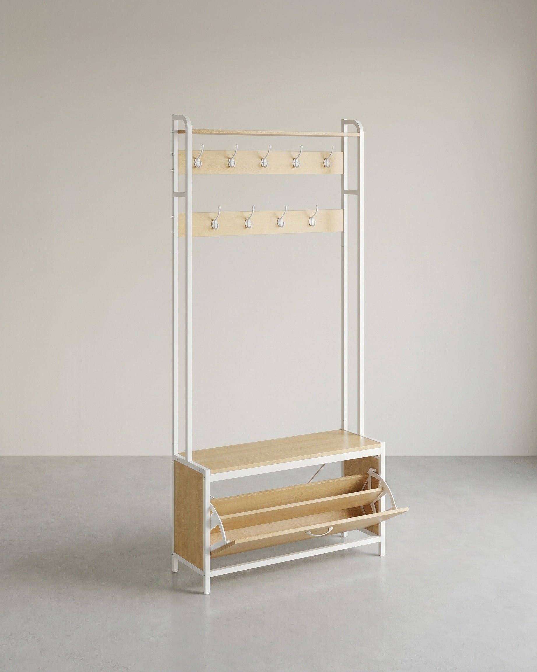 Garderobe mit Bank und Schuhschrank - Industriedesign - 4-in-1 Flurmöbel 85 cm – Weiß