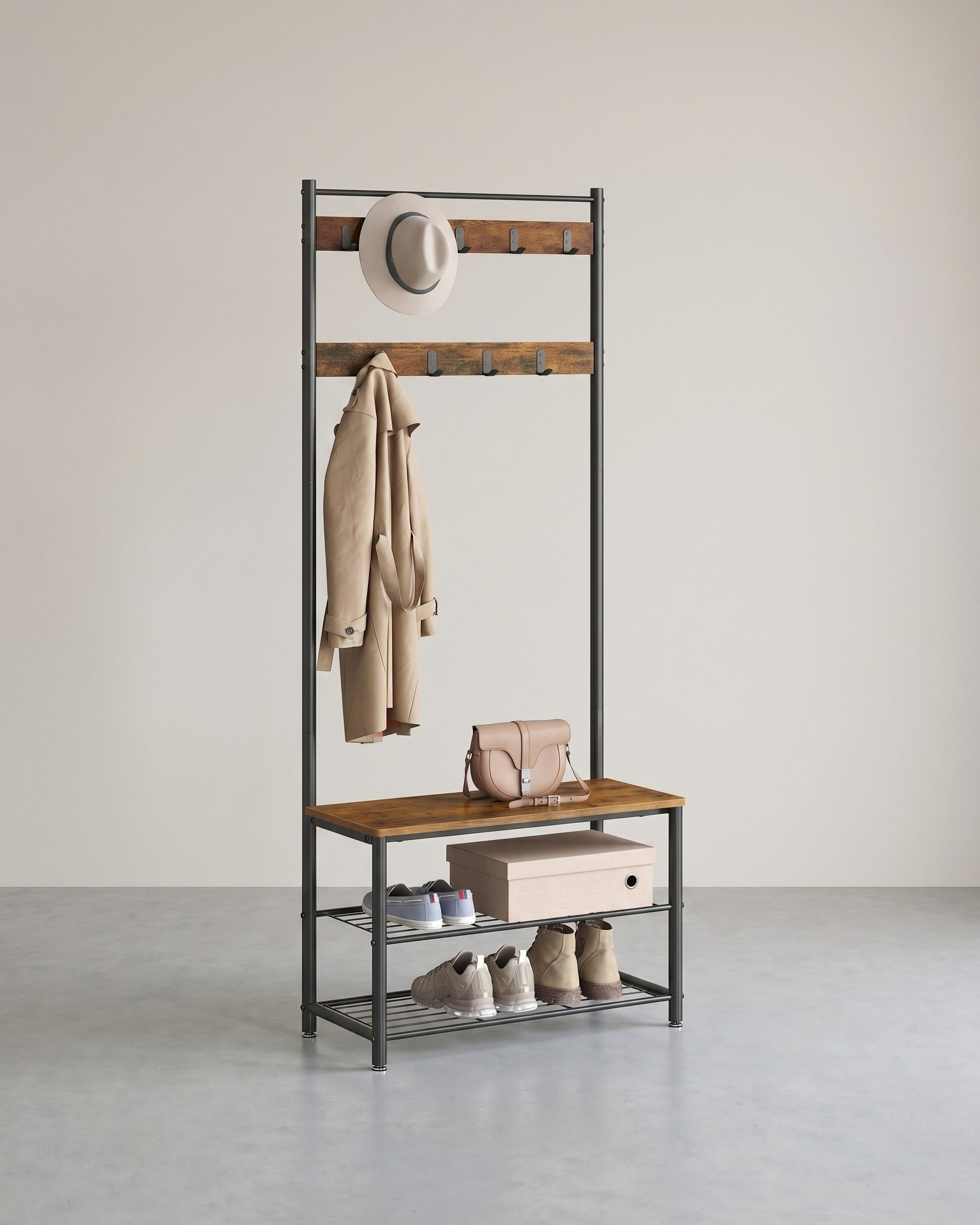 Garderobe im Industriestil mit Sitzbank und Schuhregal – 9 Haken und 2 Ablagen – Braun