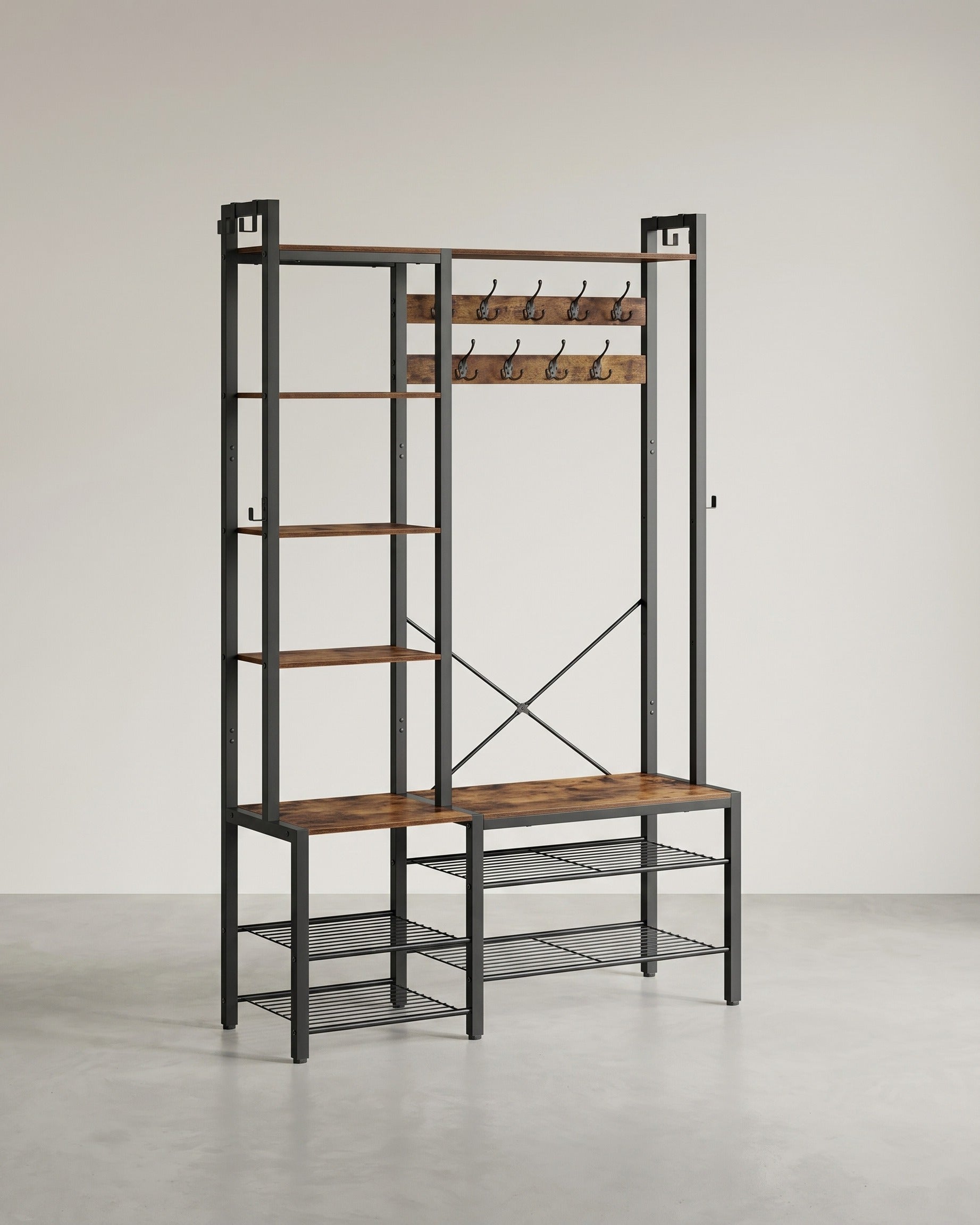 Garderobenständer mit Sitzbank und Schuhregal – 4-in-1-Design – 9 Haken, 5 Ablagen und Stauraum – Braun