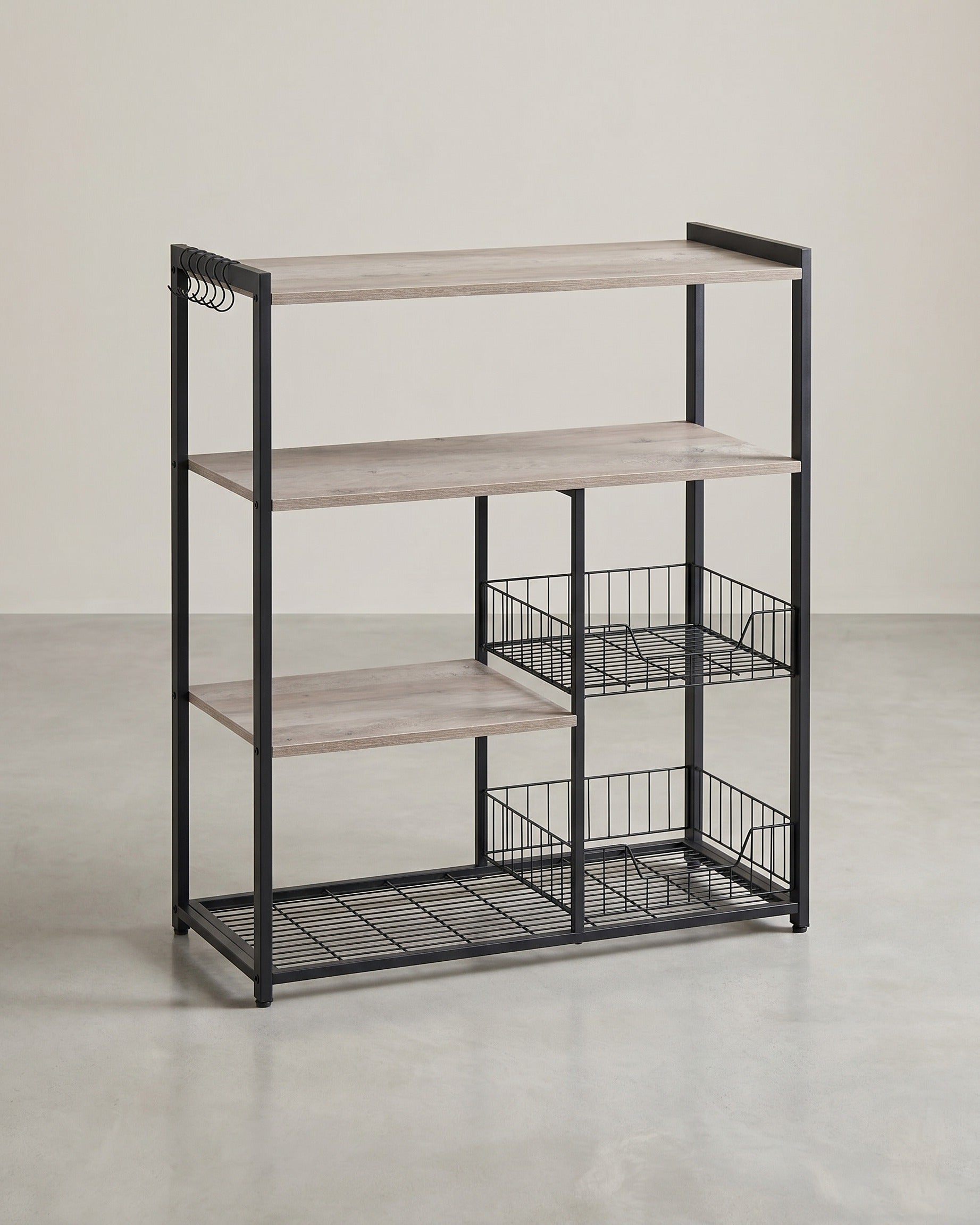 Küchenregal – Standregal – 2 Metallkörbe – Haken und Böden – 35 x 80 x 95 cm – Spanplatte und Stahl