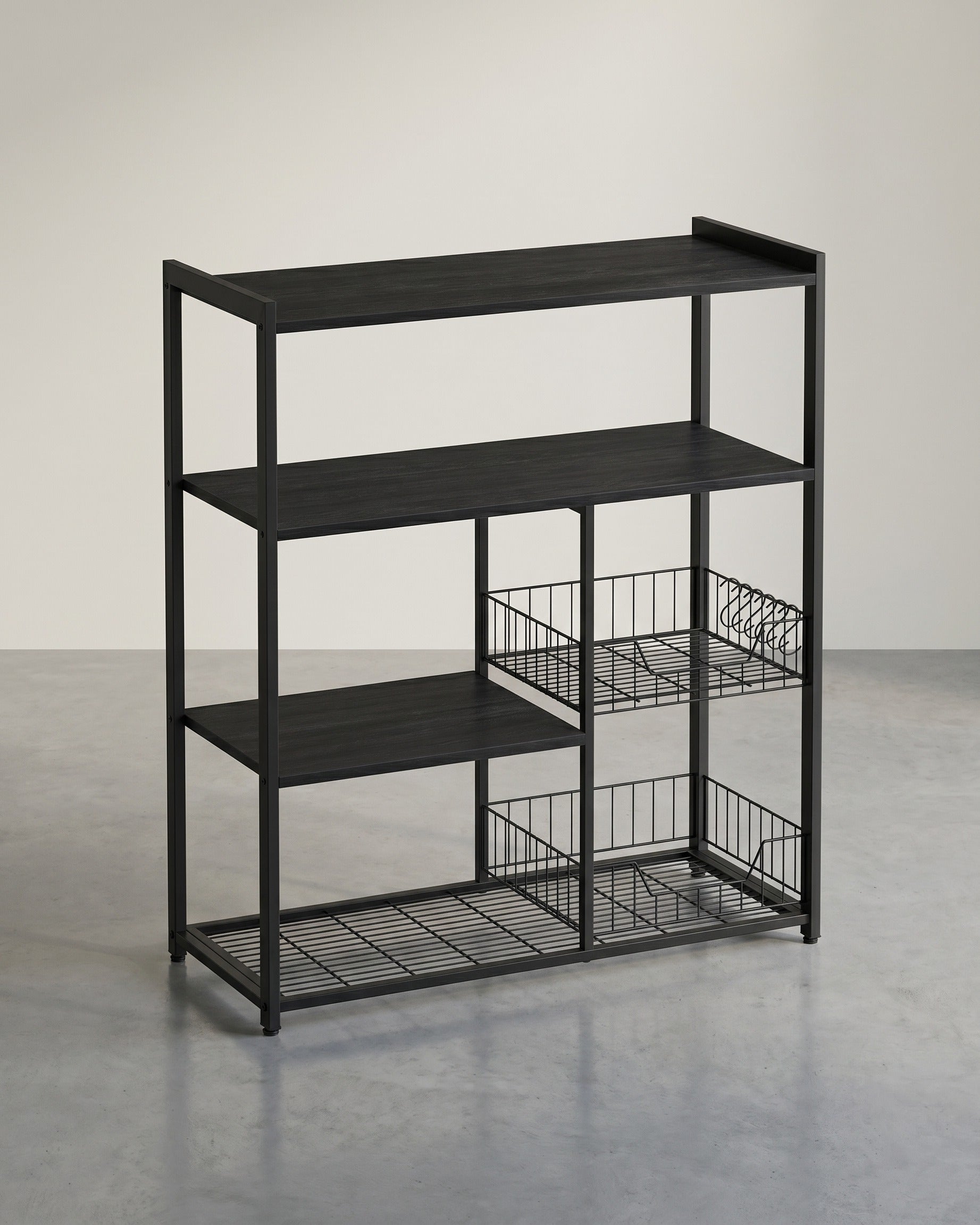 Küchenregal – Standregal – 2 Metallkörbe – Haken und Böden – 35 x 80 x 95 cm – Spanplatte und Stahl
