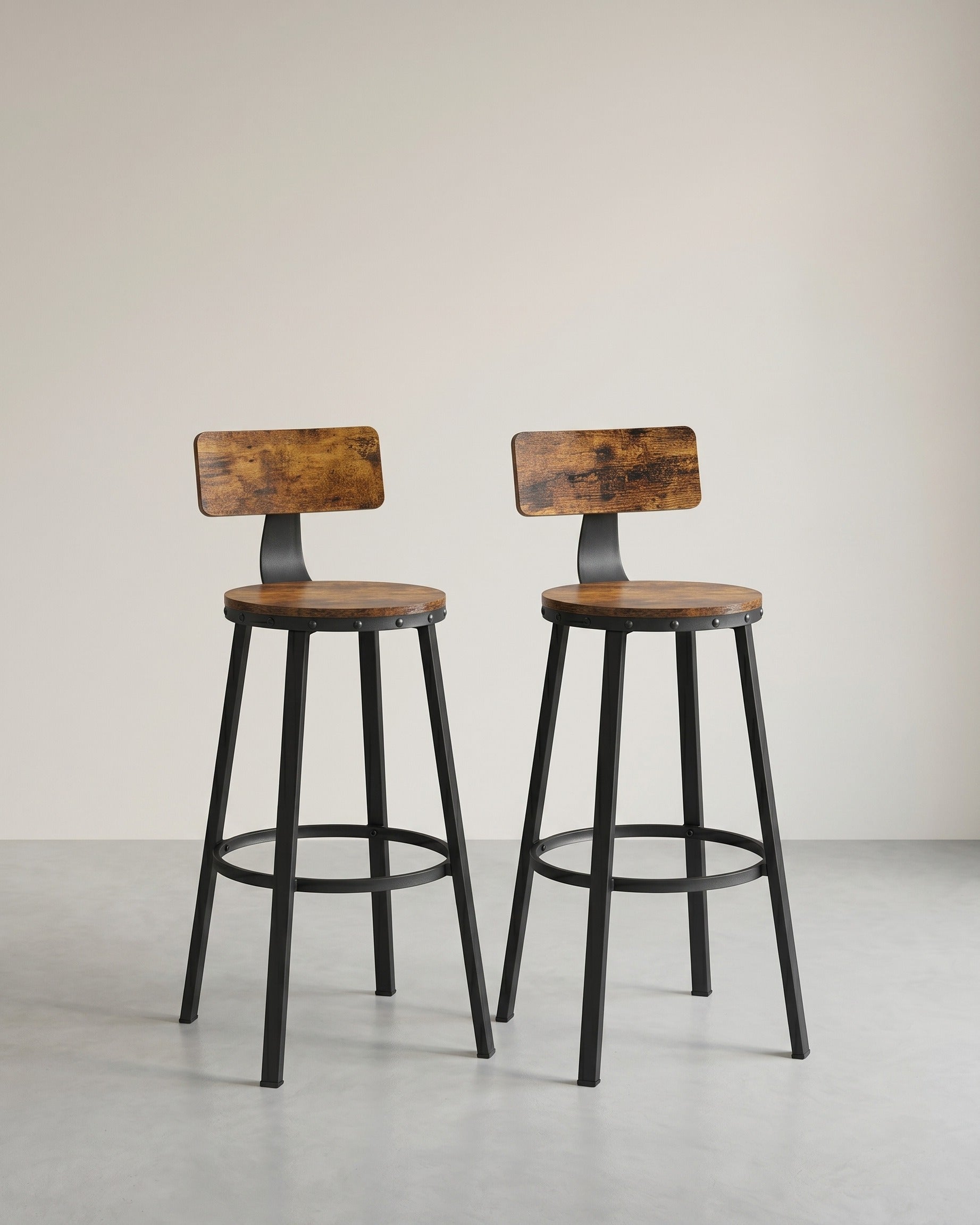 Industrielle Barhocker – 2er-Set – Vintage-Holzsitz – Braun