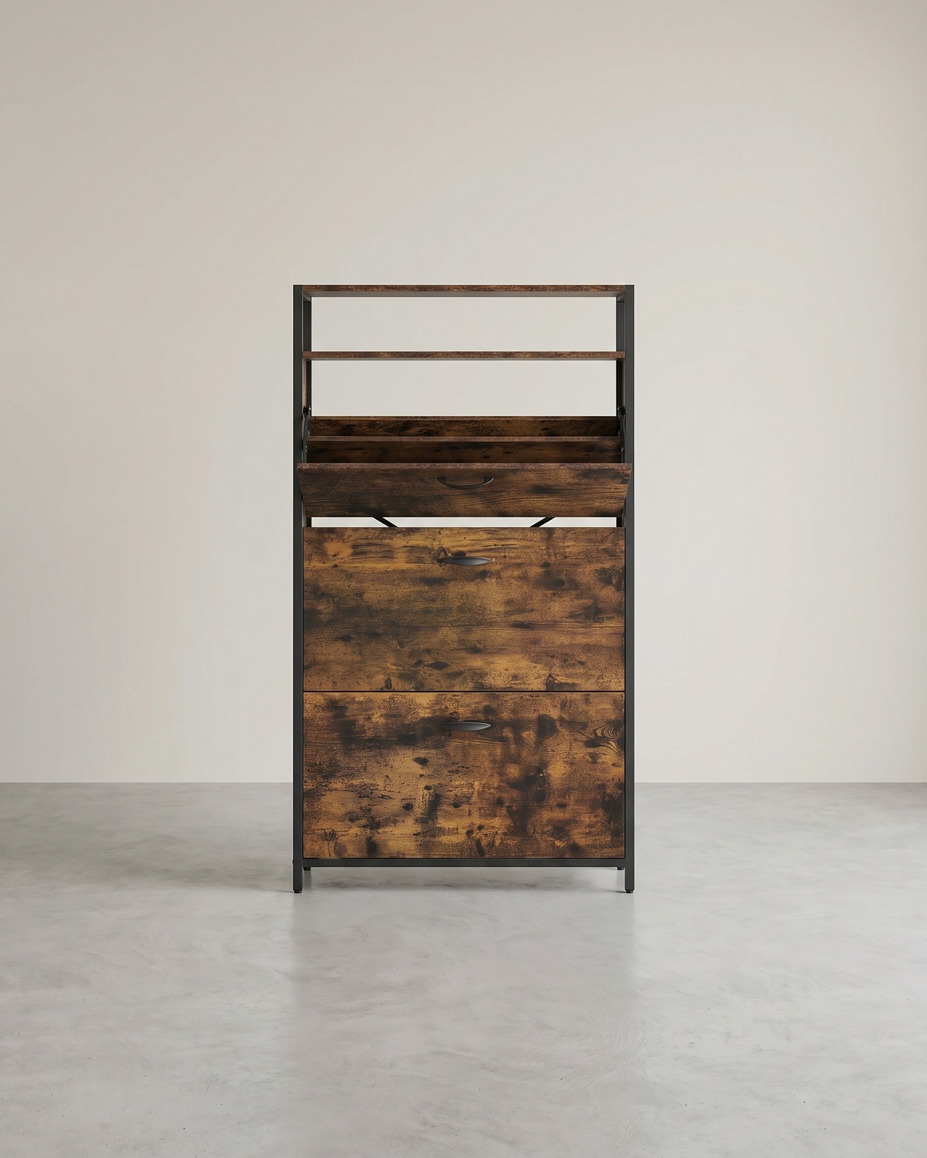 Schuhschrank mit 3 Klappen – Schuhregal – Schuhaufbewahrung im Industriestil mit Stahl- und Holzoptik – 80 cm