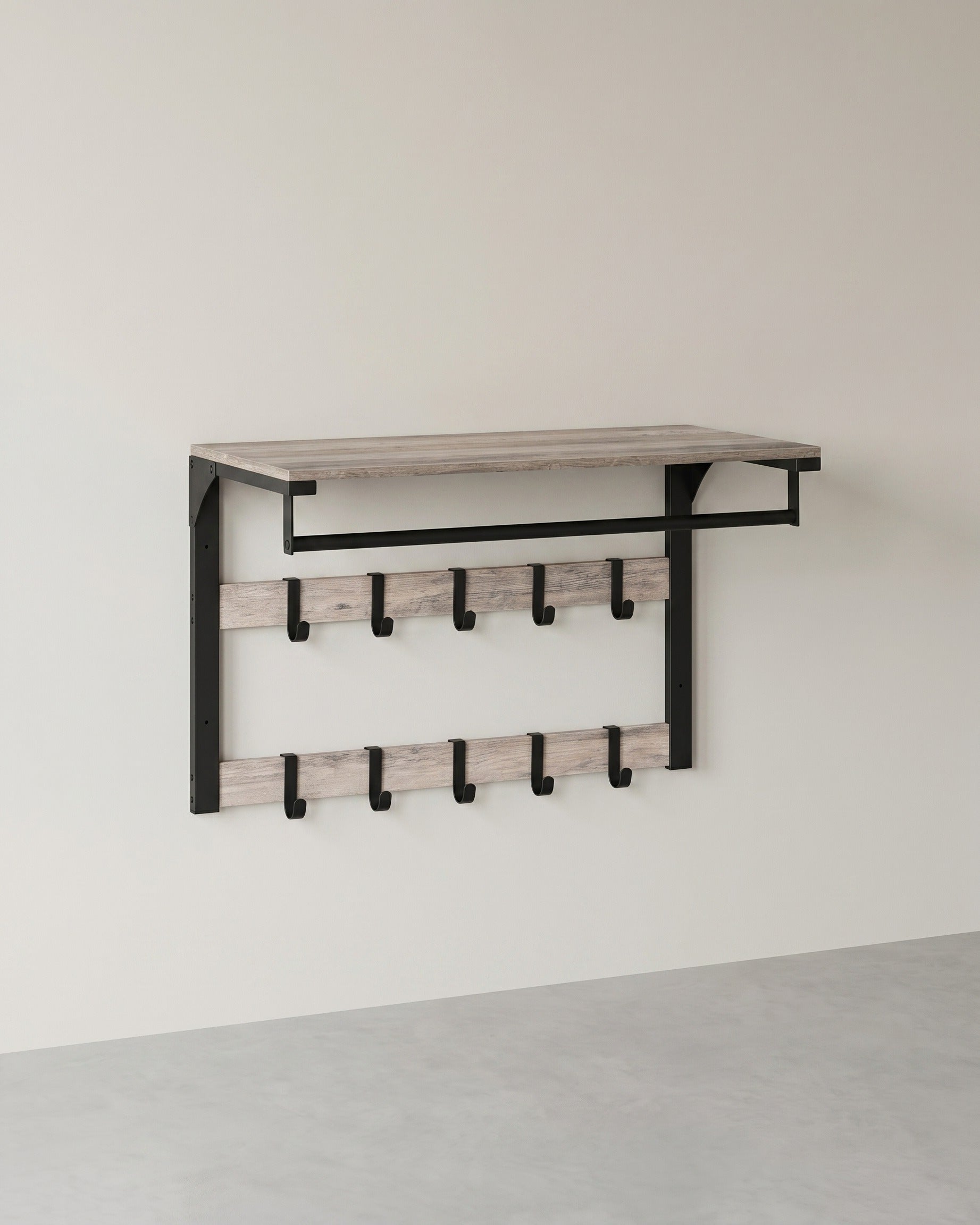 Wandgarderobe – Industriedesign – Mit Ablage, Kleiderstange und 10 Haken – Platzsparende Wandgarderobe – Grau