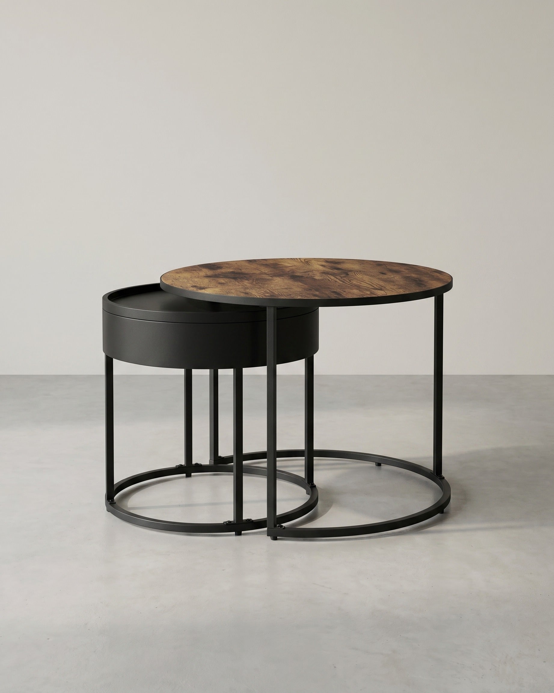Rundes Couchtisch-Set, 2-teilig – Satztische – Beistelltische mit Stauraum – Moderne Holztische mit Stahlgestell – Braun