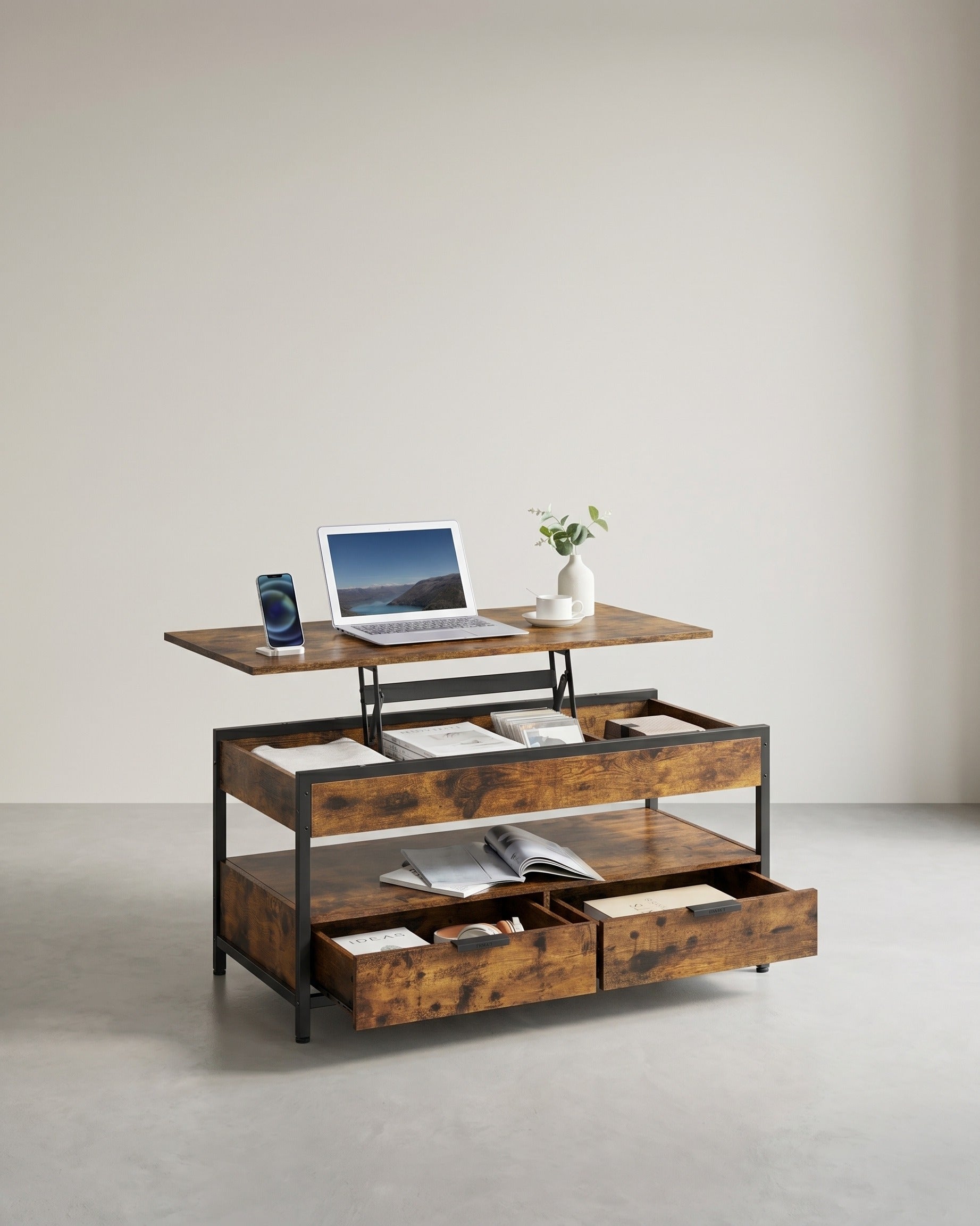 Couchtisch mit verstellbarer Tischplatte – Industriedesign – 100 cm breit – mit Stauraum – Braun