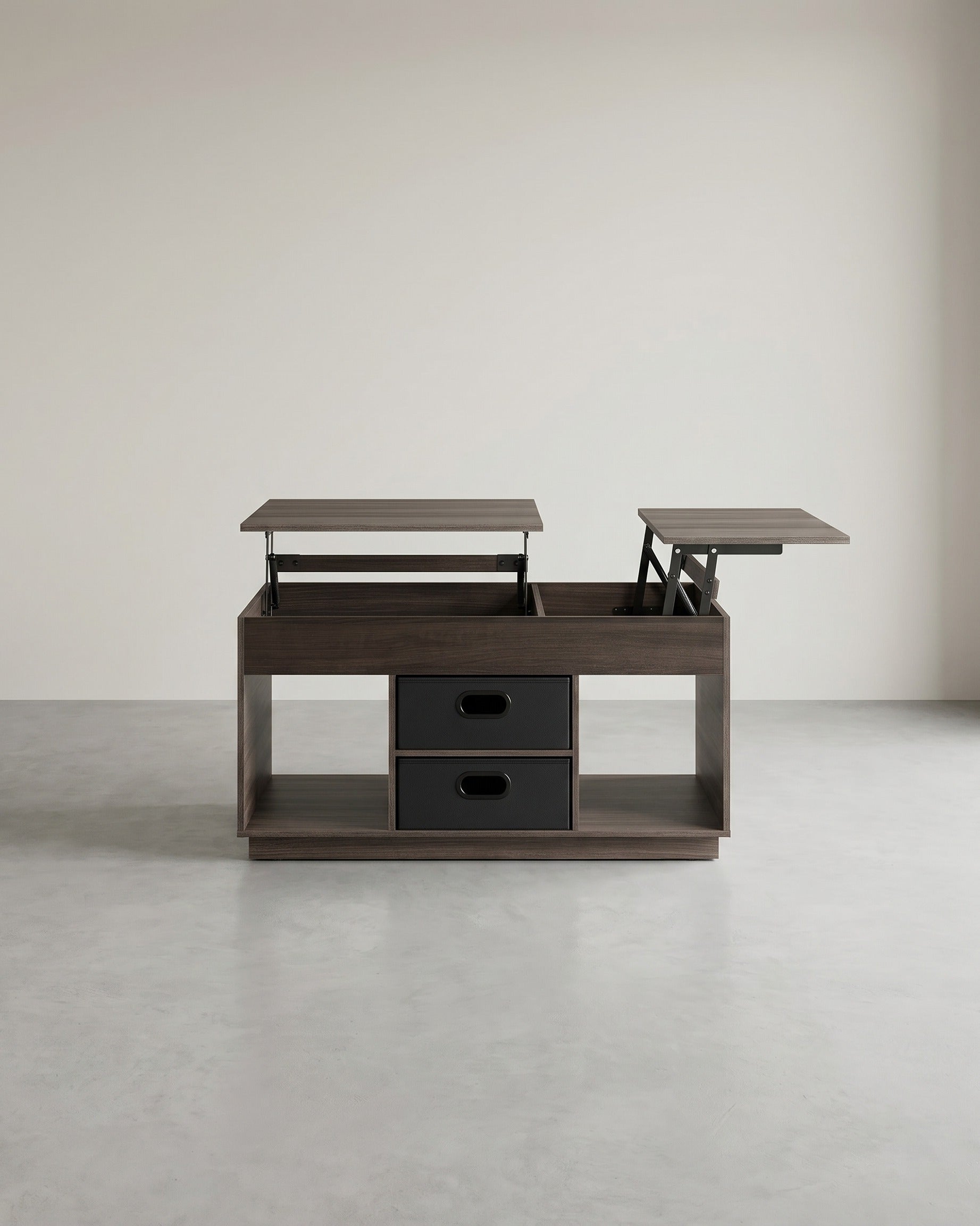 Couchtisch mit Hubfunktion – Moderner Couchtisch mit verstellbarer Tischplatte – Versteckter Stauraum & Schubladen – 100 cm – Holz & Stahl – Braun