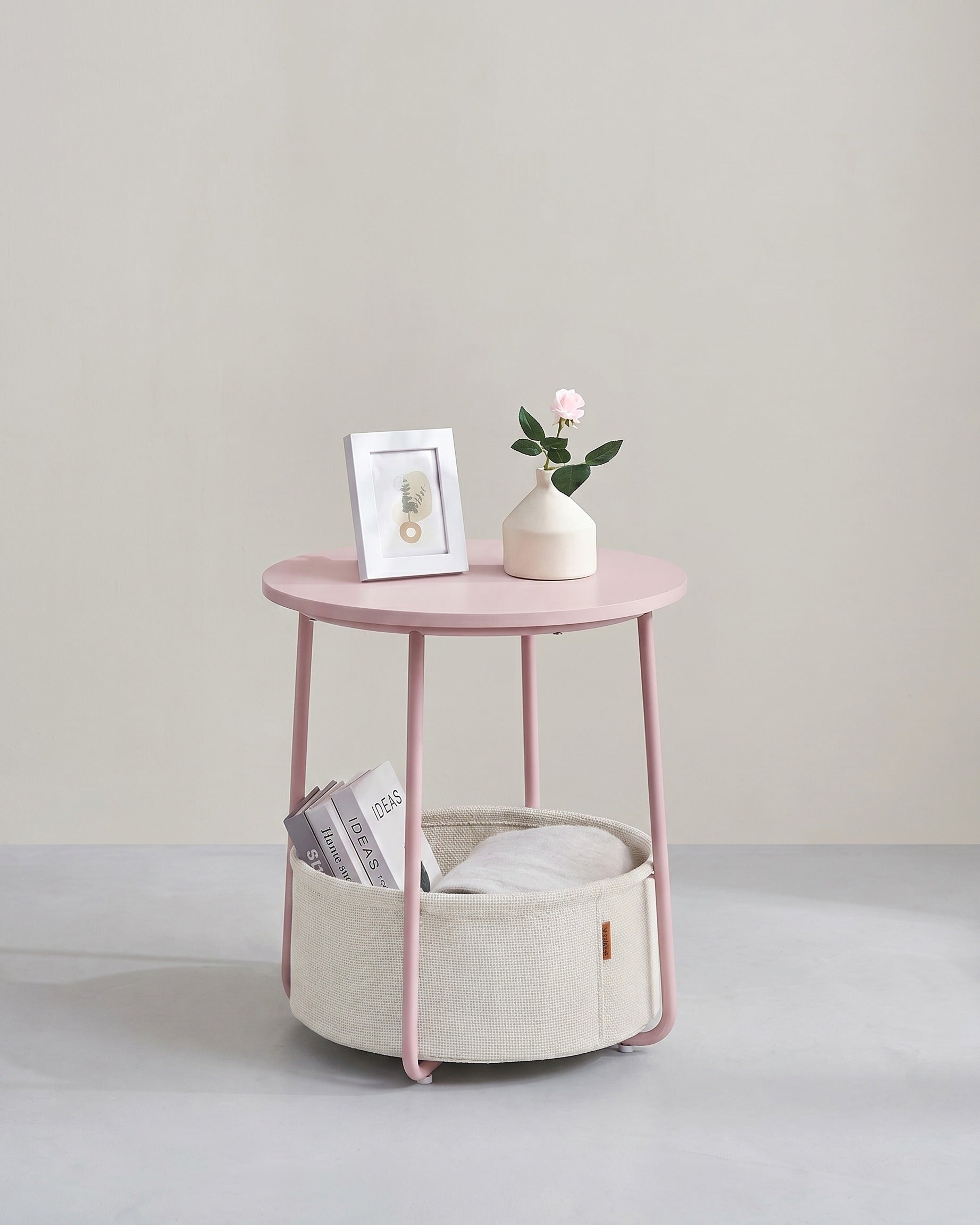 Moderner runder Beistelltisch mit Aufbewahrungskorb – Rosa