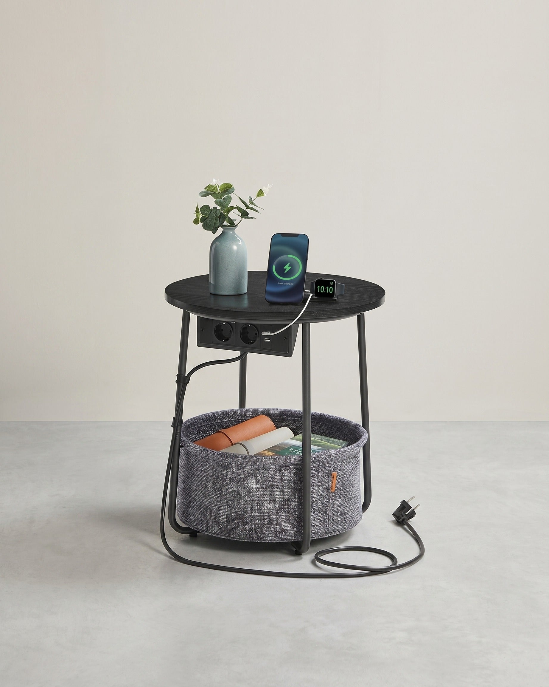 Beistelltisch mit Steckdose und USB-Anschluss - mit Korb - Moderner Tisch – Schwarz