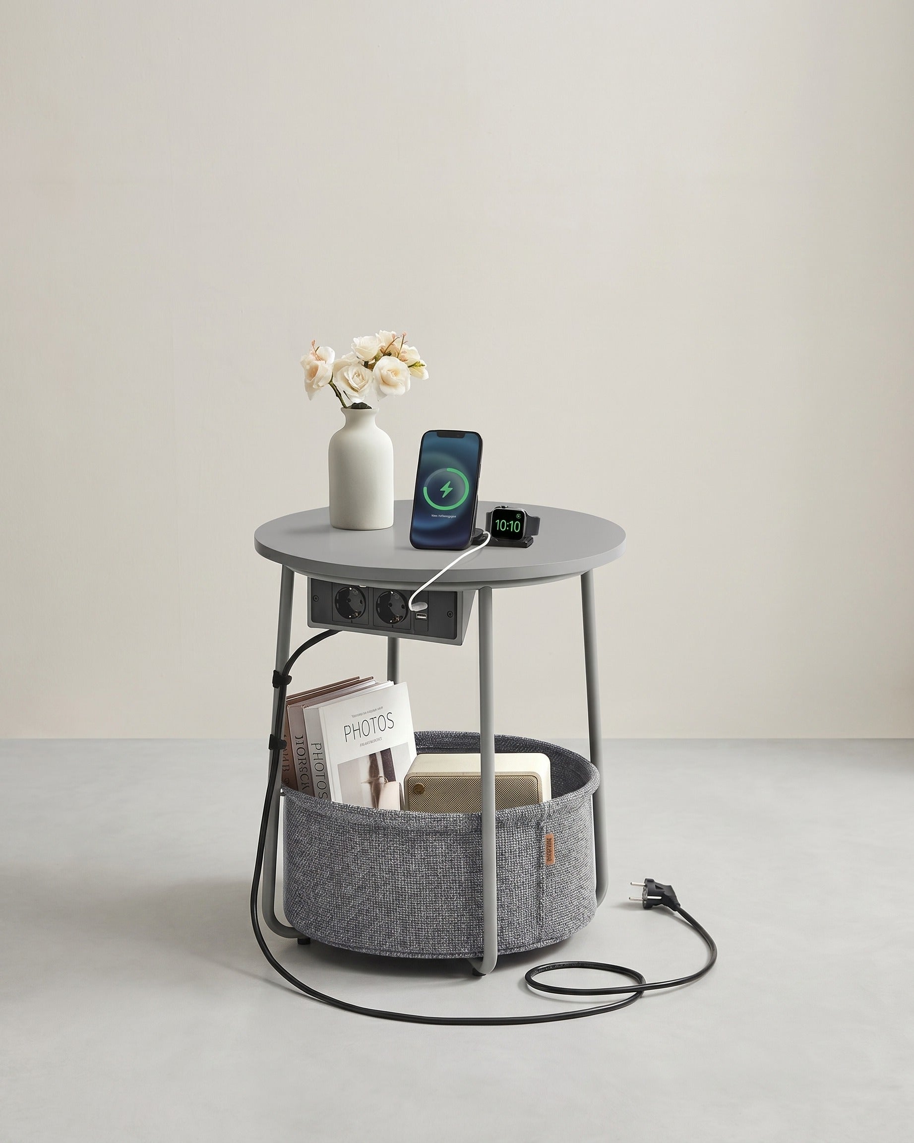 Beistelltisch mit Steckdose und USB-Anschluss - mit Korb - Moderner Tisch – Grau