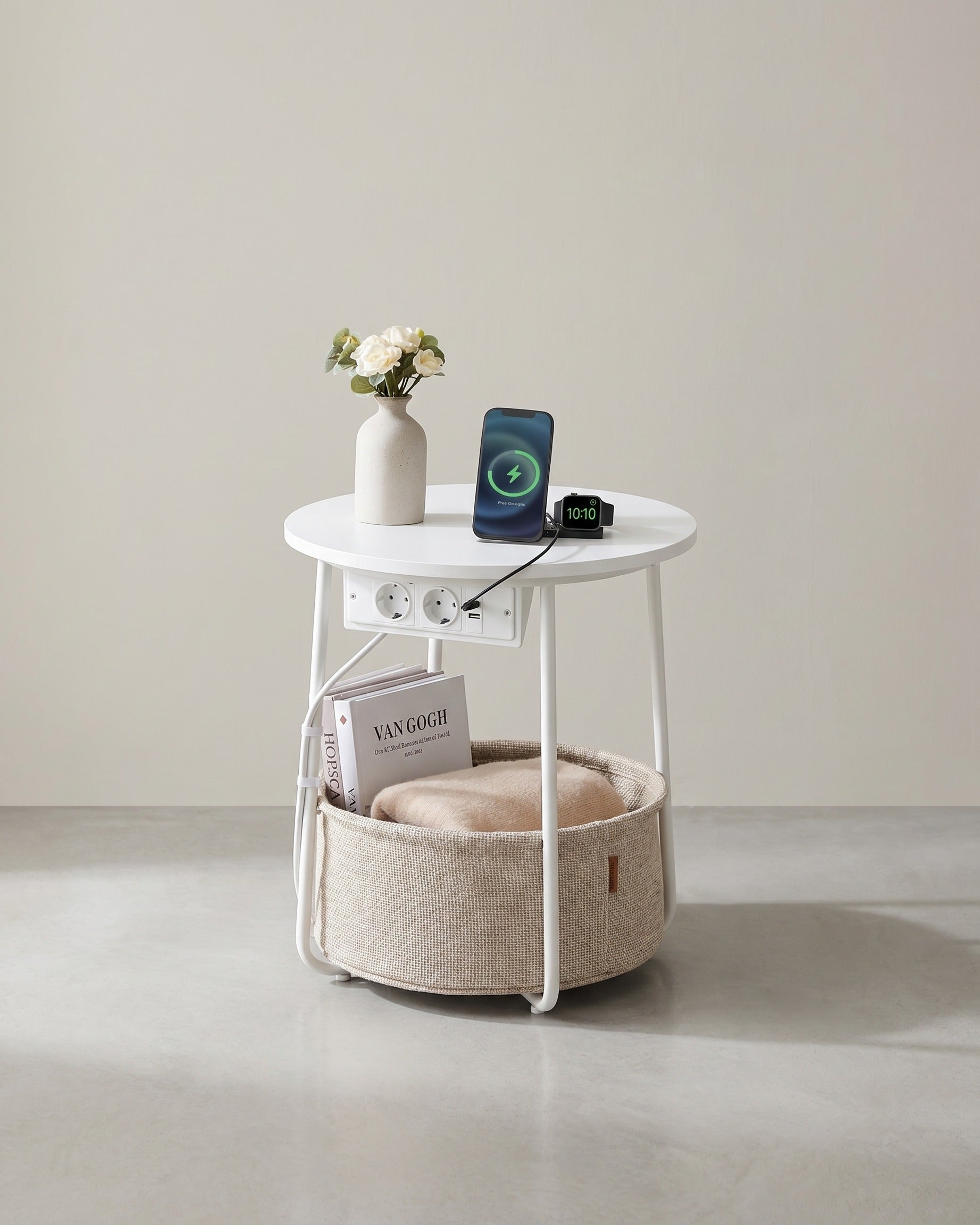 Beistelltisch mit Steckdose und USB-Anschluss - mit Korb - Moderner Tisch – Weiß